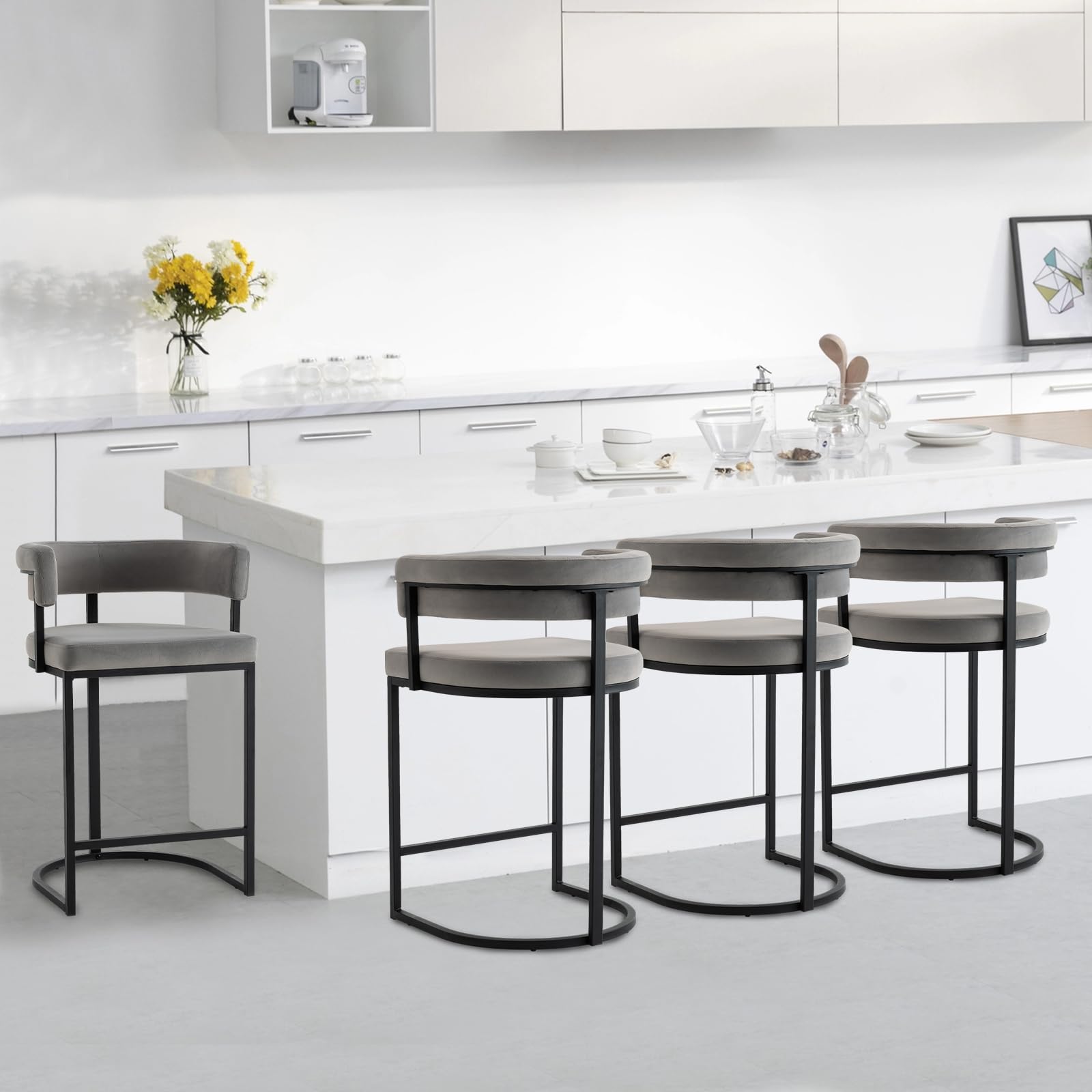 Rongbuk Set of 4 Grey Modern Velvet Bar Stools with Barrel Backrest, Upholstered Seat, and Black Metal Footrest - 25.6-Inch Seat