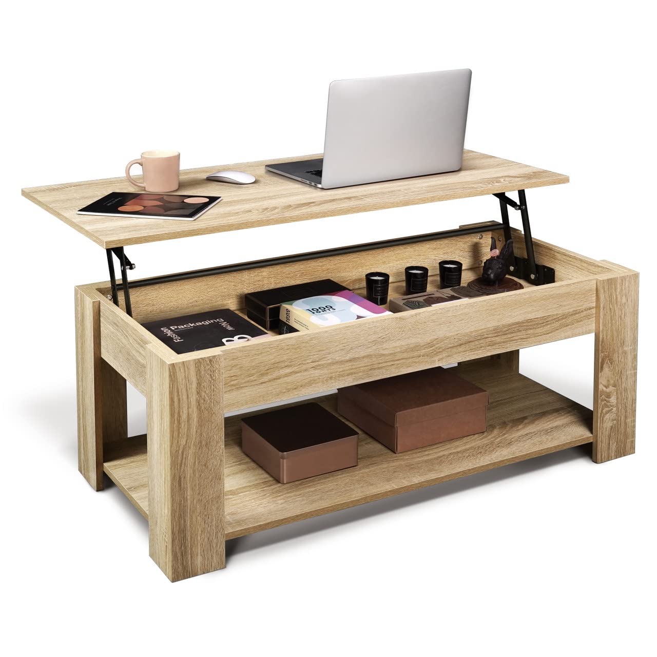 CAPHAUS Lift Top Coffee Table w/Storage, Storage Coffee Table w/Lift Top for Living Room, Rising Tabletop Coffee Table w/Hidden 