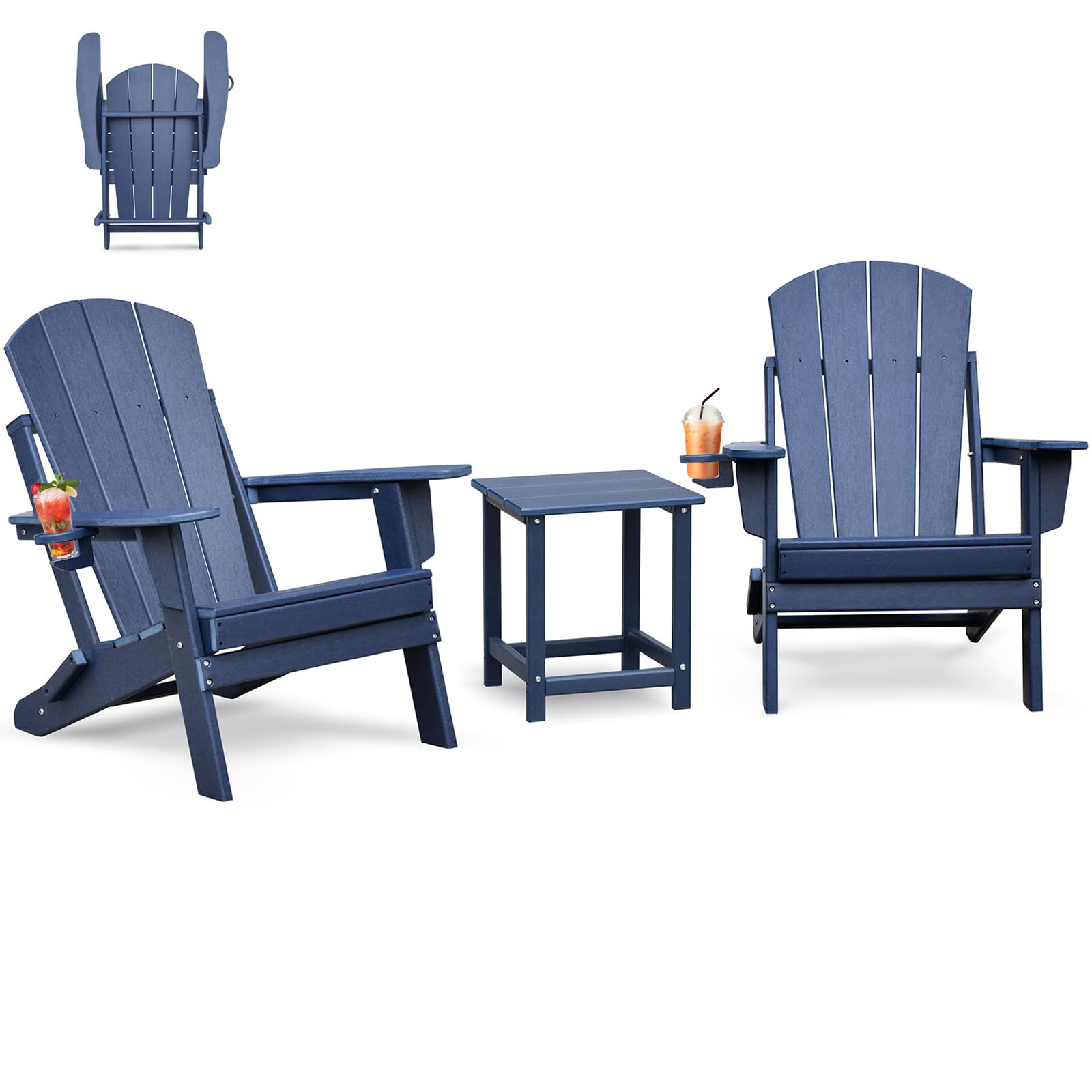 Skypatio 3 Pieces Folding Adirondack Chairs Set, Weather Resistant Adirondack Chairs Set of 2 with Cup Holder, 1 Side Table, 380