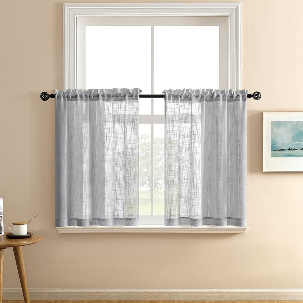 Grey Kitchen Curtains Semi Sheer Privacy Linen Textured Rod Pocket Short Tier Cafe Curtain Valances Silver Light Gray Bathroom W