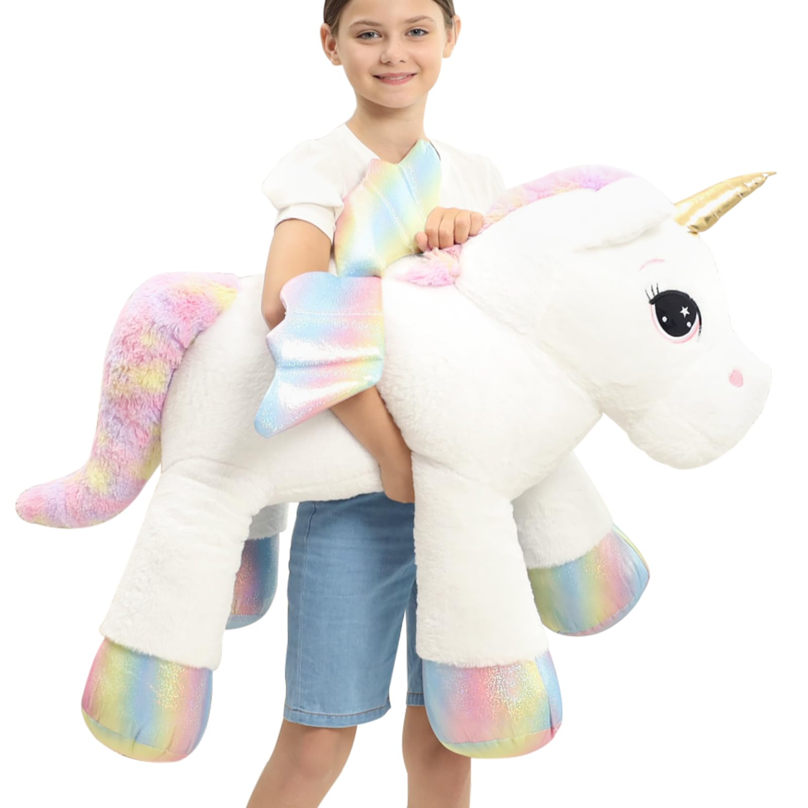 FFxiong 44 Inch Giant Unicorn Stuffed Animal Pillow, Cute Soft Big Unicorn with Rainbow Wings Large Plush Toy, Gifts for Girlfri