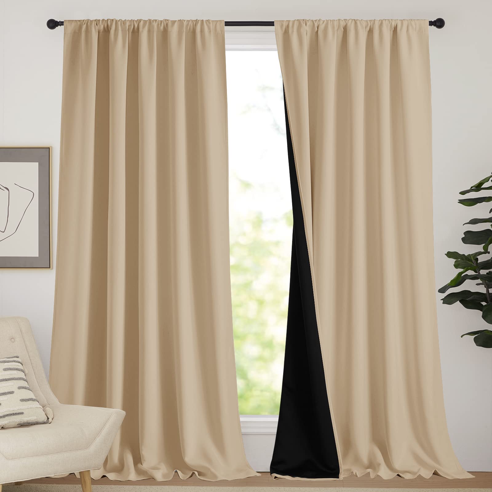 NICETOWN Thermal Insulated 100% Blackout Curtains, Rod Pocket Noise Reducing Drapes with Black Lining, Full Light Blocking Drape