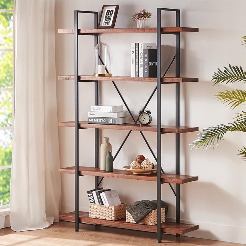 HSH Natural Real Wood Bookcase, 5 Tier Industrial Rustic Vintage Etagere Bookshelf, Open Metal Farmhouse Solid Wooden Book Shelf