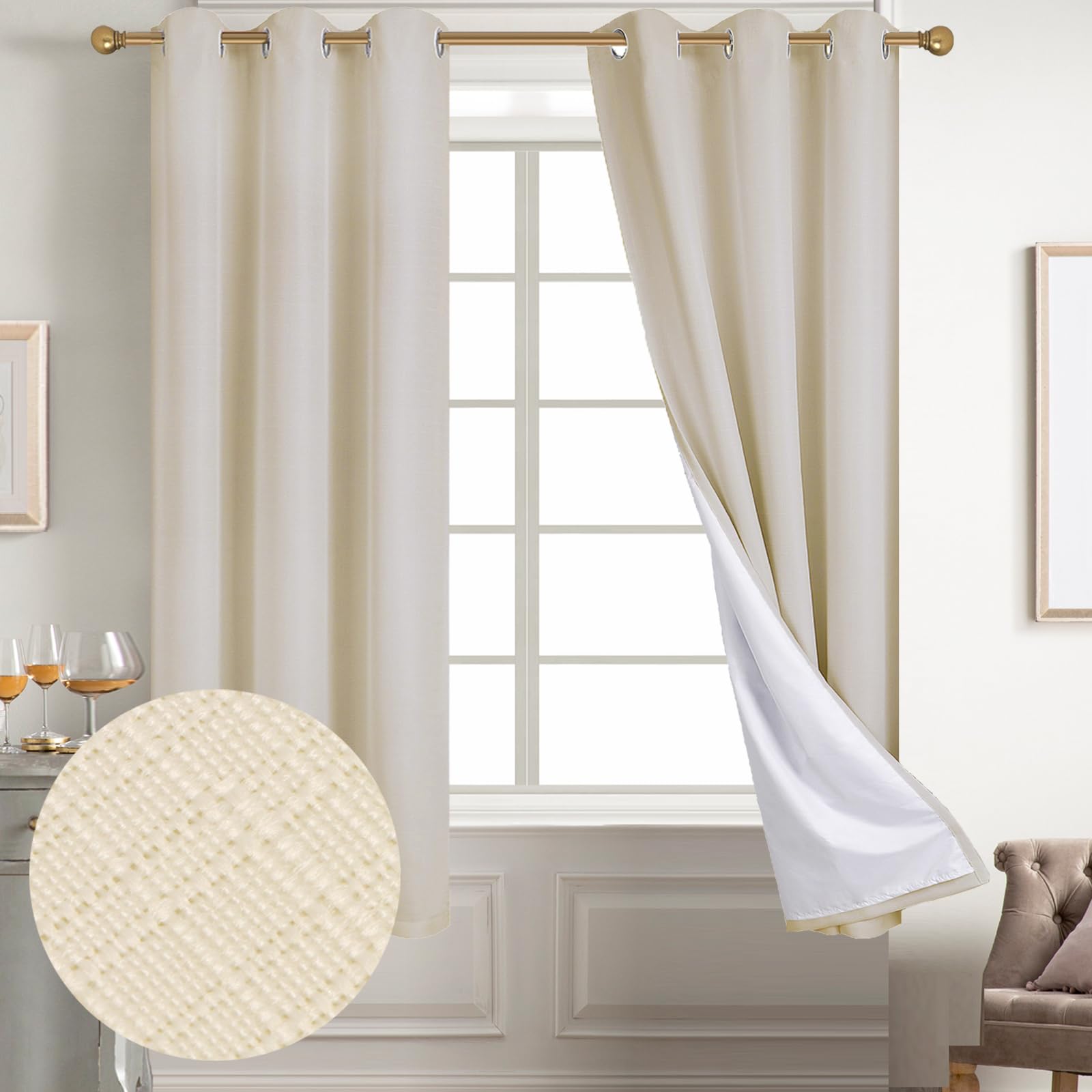 Diraysid 100% Blackout Curtains Light Beige Linen Curtains for Bedroom Grommet Thermal Insulated Room Darkening Drapes (2 Panels