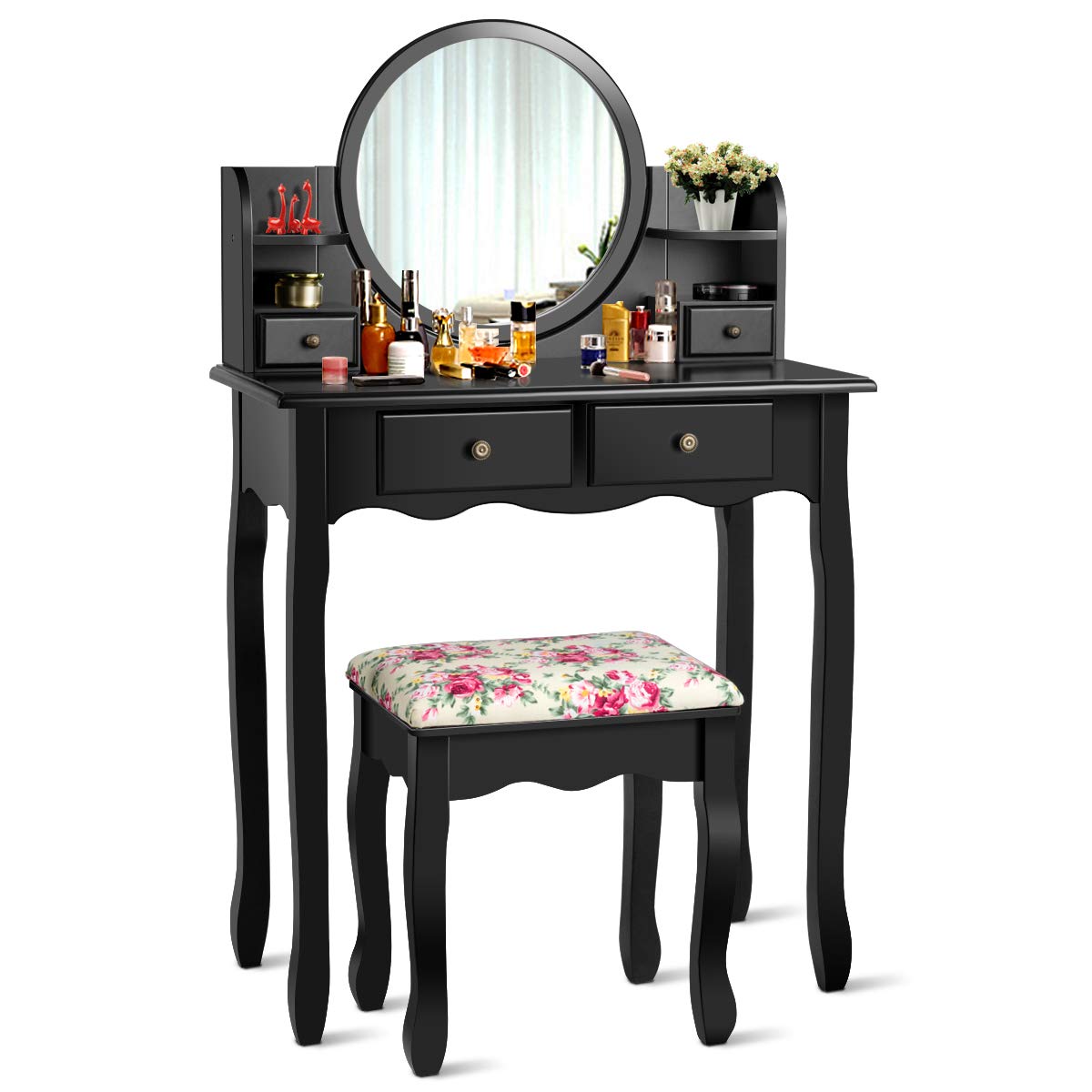 CHARMAID Vanity Set with 4 Storage Shelves and 4 Drawers, Makeup Table with 360 Pivoted Round Mirror and Makeup Organizers, Dres