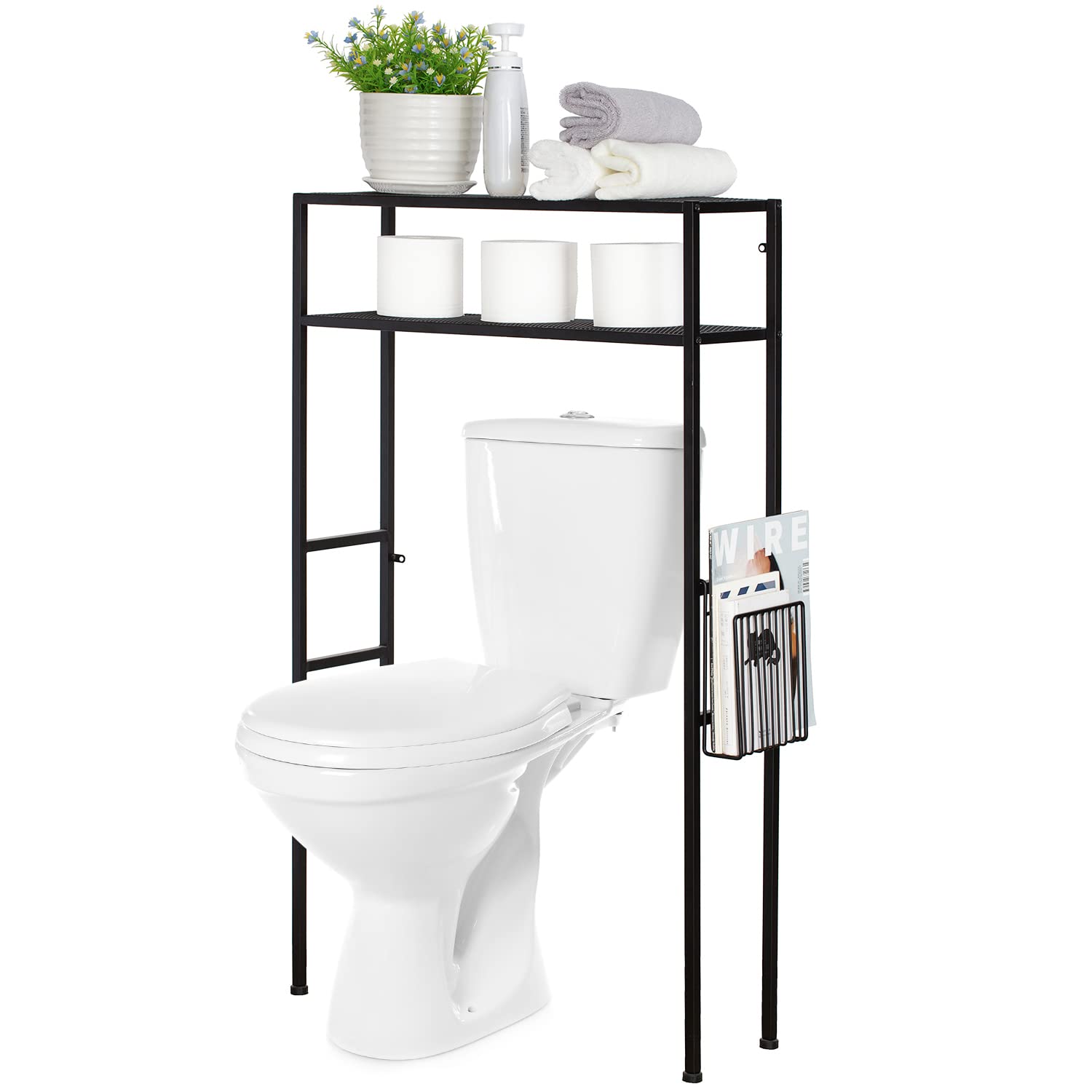 MyGift 2 Tier Modern Black Metal Over The Toilet Standing Shelf with Removable Magazine Holder Basket, Home Bathroom Space Saver
