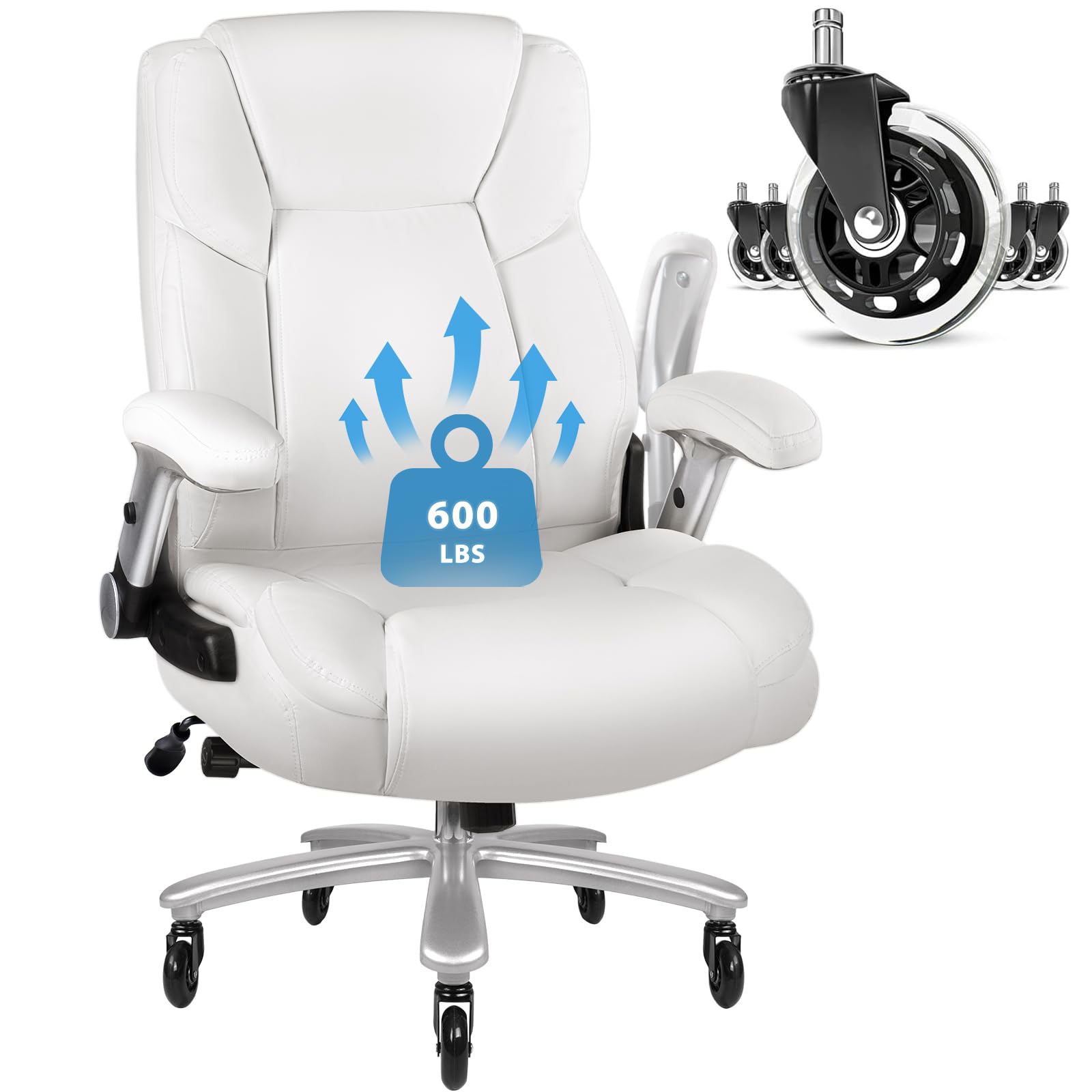 VITESSE Big and Tall Office Chair, 600lbs Capacity, Flip-up Armrest, Ergonomic Lumbar Support, Leather, White