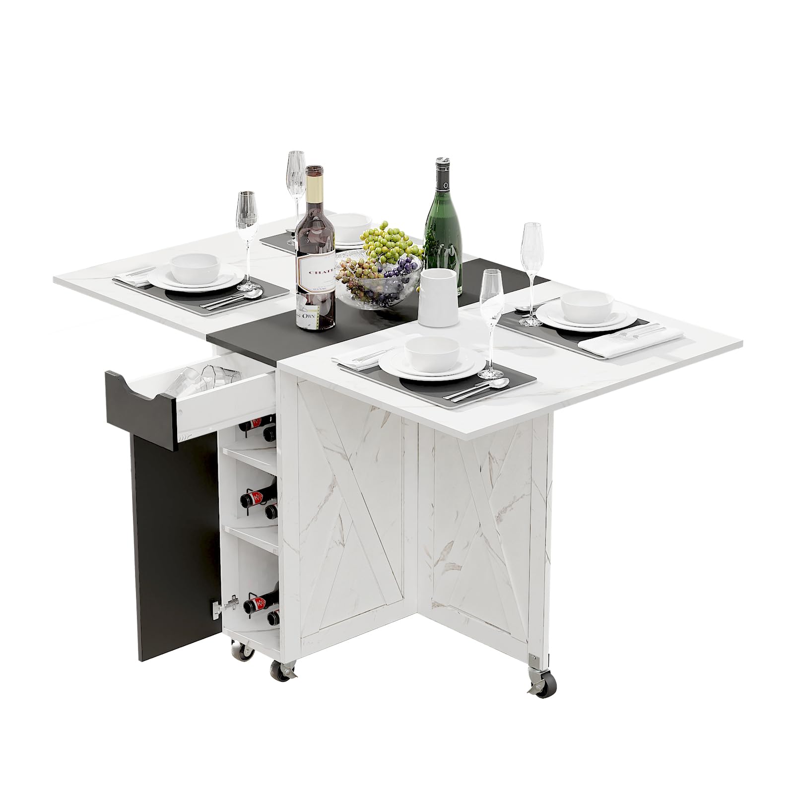 3imothrix Folding Dining Table, Dinner Table with Drawer and Storage and Shelves, Space Saving Dining Table with 6 Wheels, Kitch