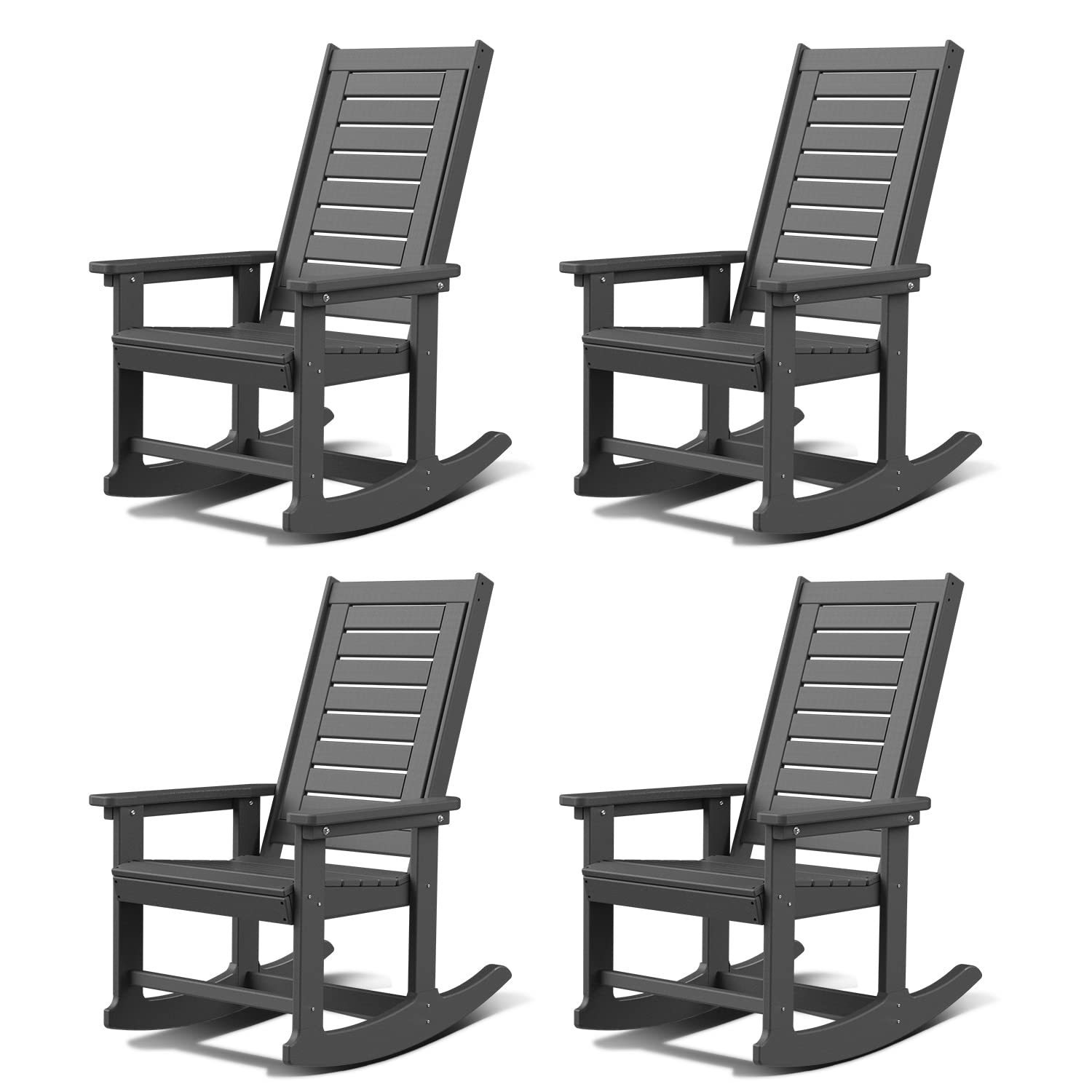 GREENVINES Outdoor Rocking Chairs | Set of 4 | Porch Rocker | HDPE Plastic | Grey | Oversized Rockers | High Back | Big & Tall |