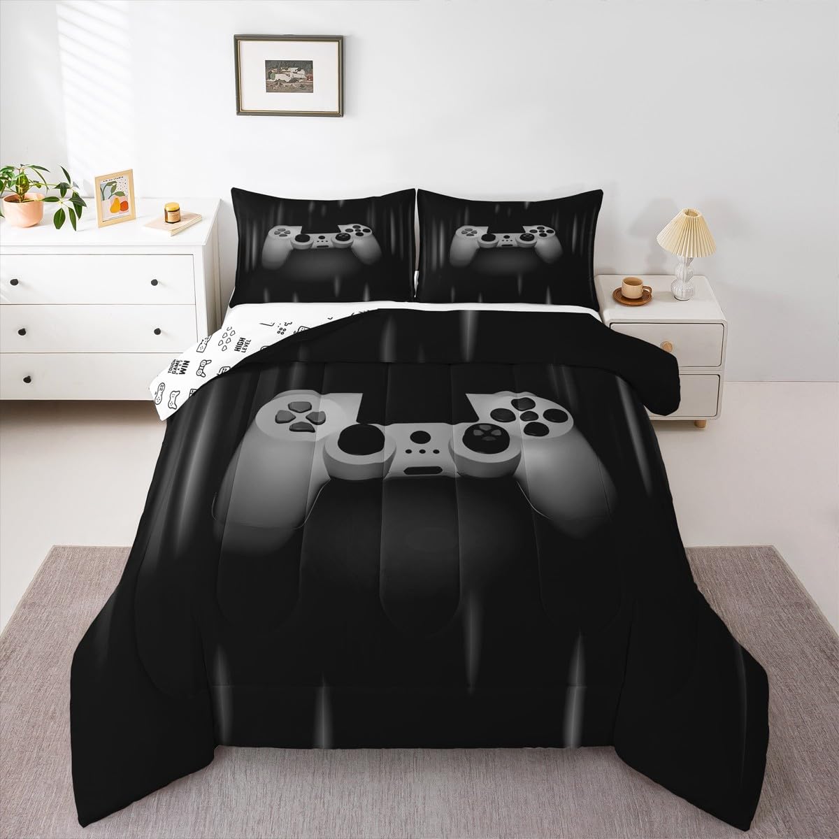 Feelyou Boys Gamer Comforter Set Full Size Bedding Set for Kids Gaming Comforter Gray Black Video Games Gamepad Room Decor for T