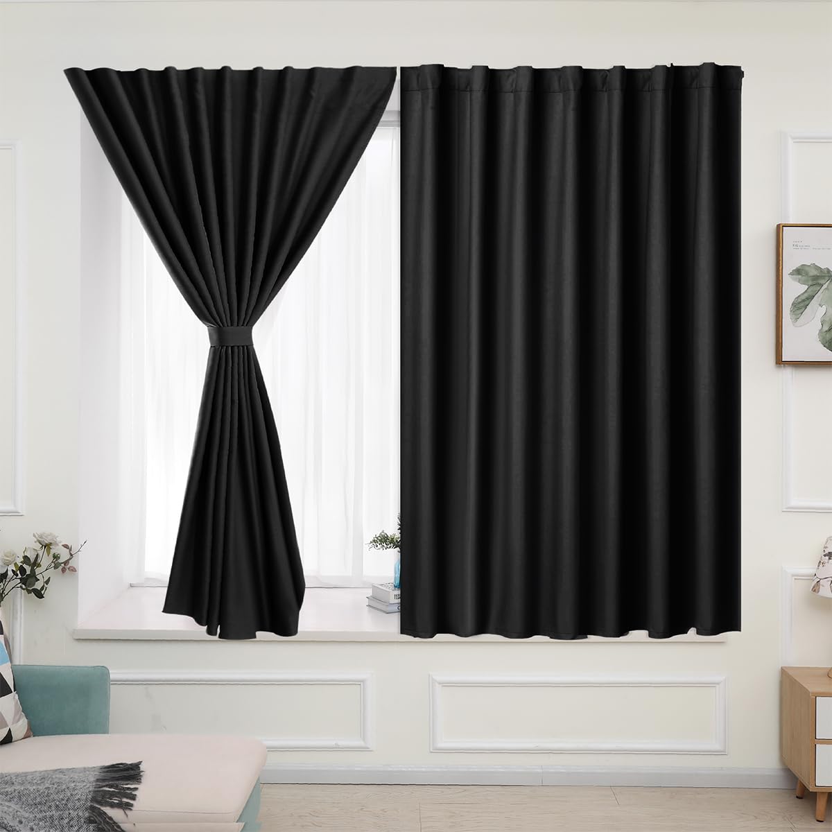 Muamar Black 2pcs Self Adhesive Curtains (29W x 30L), Window Tier Curtains for Small Window, Bathroom, RV, Door, Kitchen, Bl