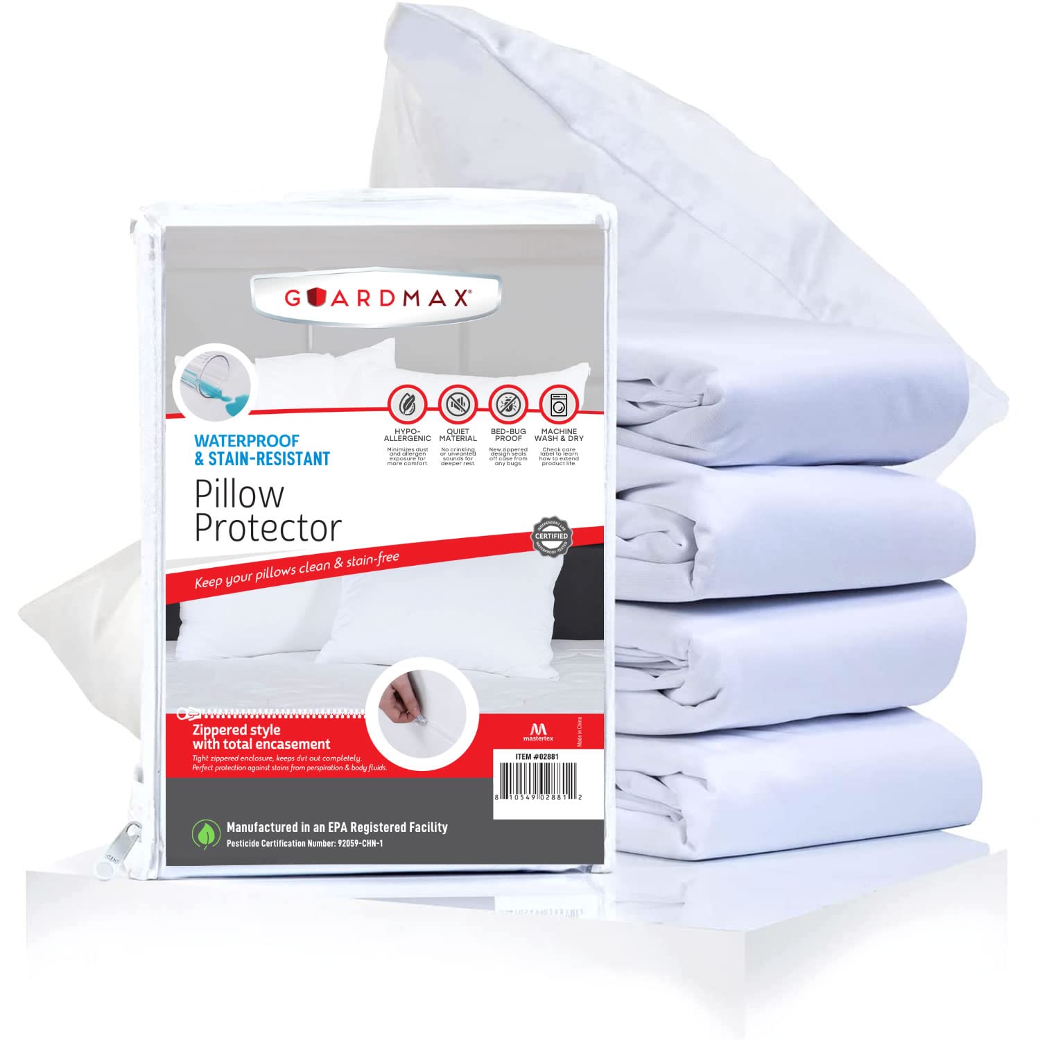 Guardmax Pillow Protector with Zipper Standard Size - (2 Pack) - Waterproof and Bed Bug Proof Pillow Covers - Pillow Cases Prote