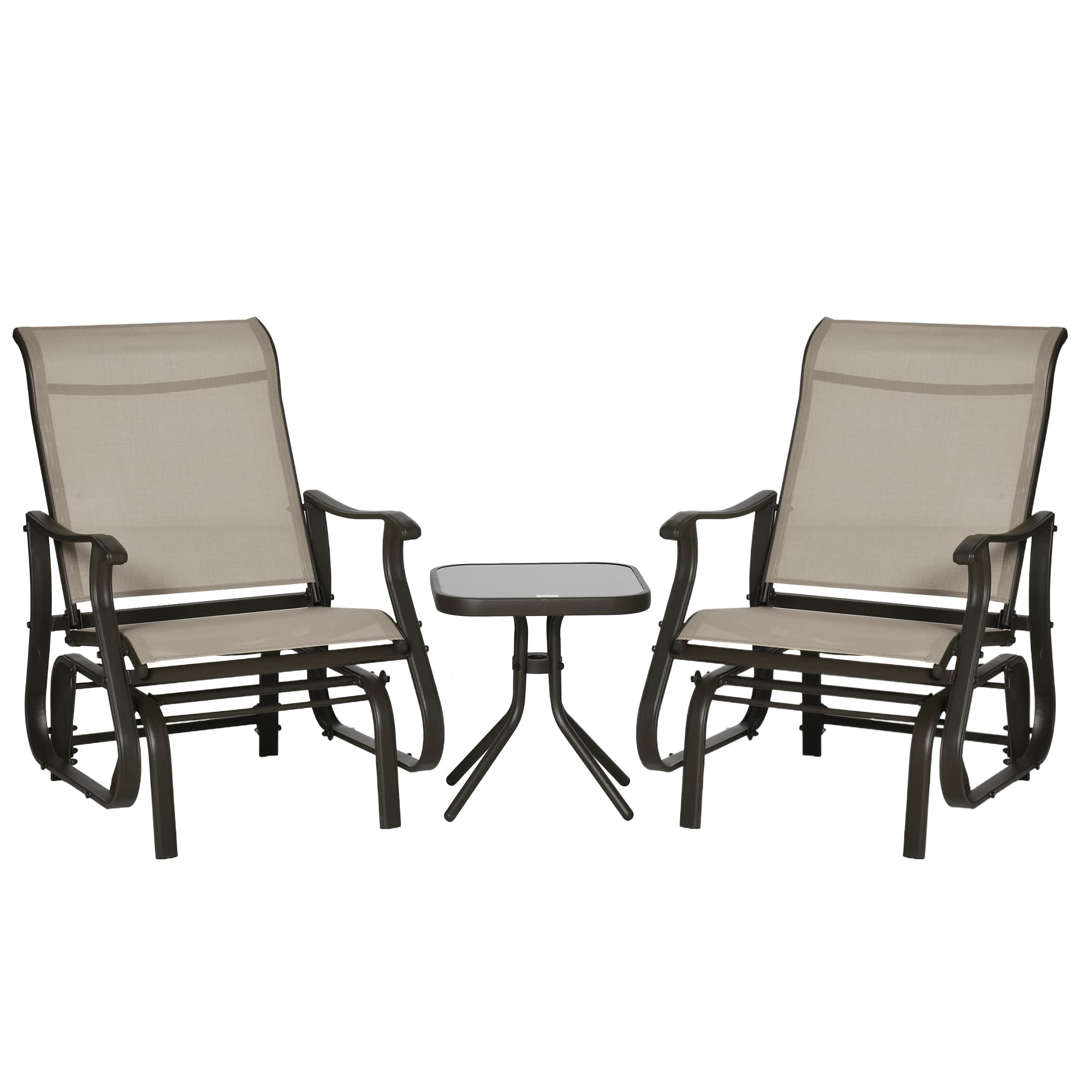 Outsunny 3-Piece Outdoor Gliders Set Bistro Set with Steel Frame, Tempered Glass Top Table for Patio, Garden, Backyard, Lawn, Gr