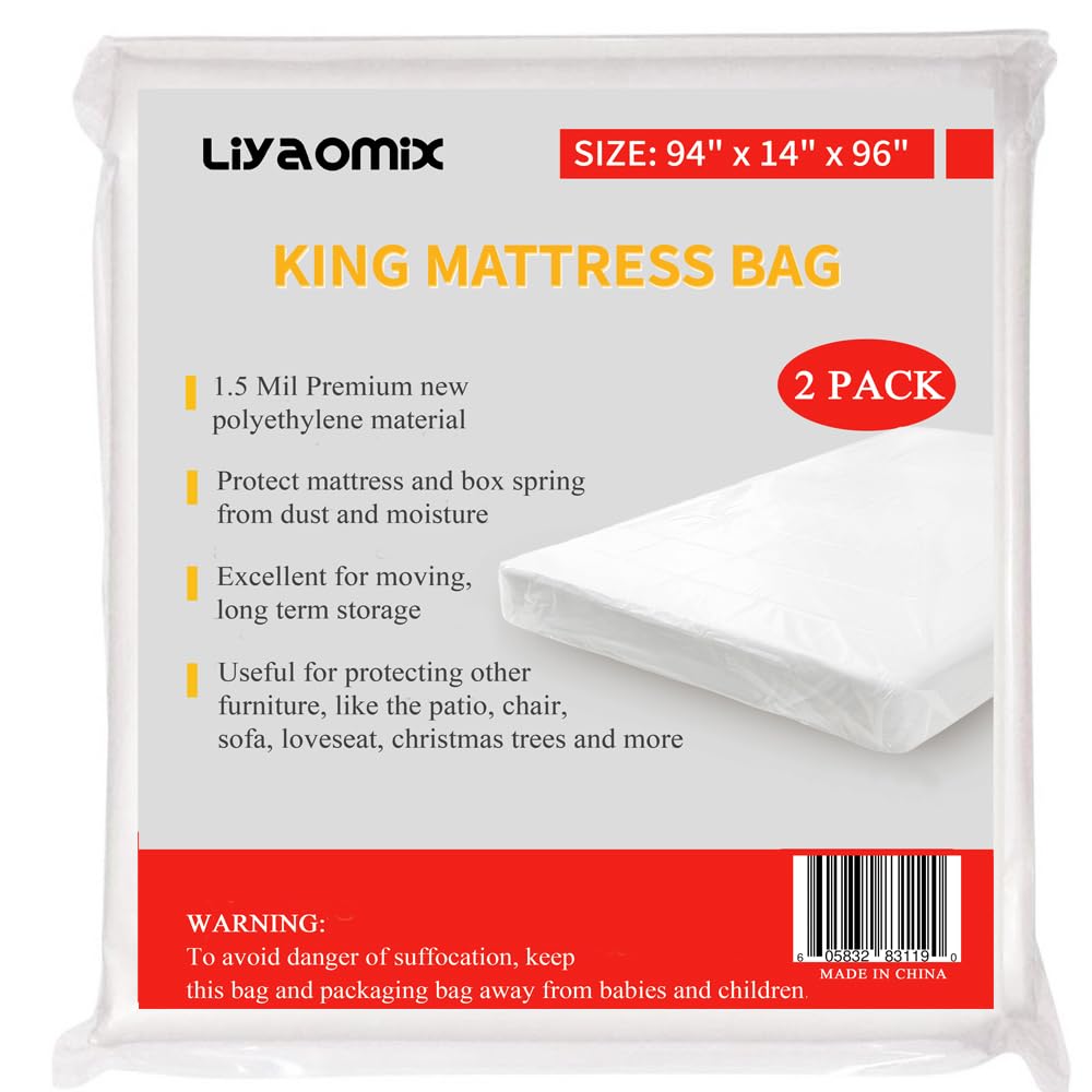 Liyaomix 2 Pack King/Cal King Mattress Bags for for Moving and Disposal, 1.5 Mil 94 x 96 Clear Plastic Mattress Covers, King Siz