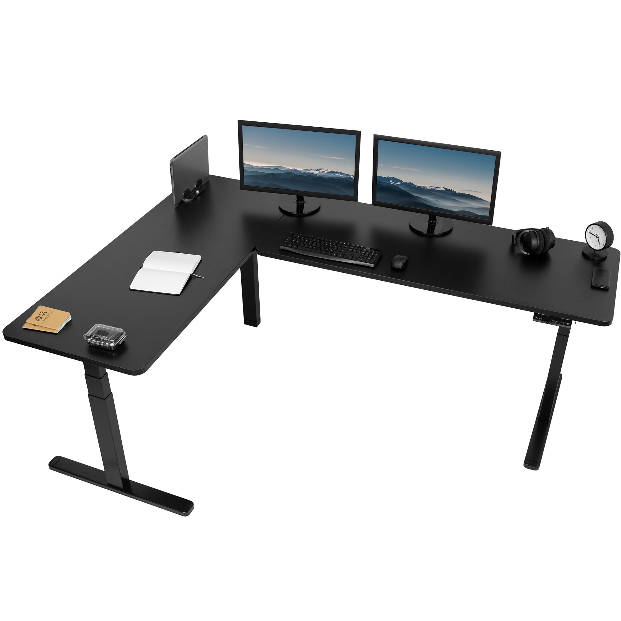 VIVO Electric Height Adjustable 83 x 60 inch Corner Stand Up Desk, 2 Black Solid Table Tops, Black Frame, Memory Controller, L-S