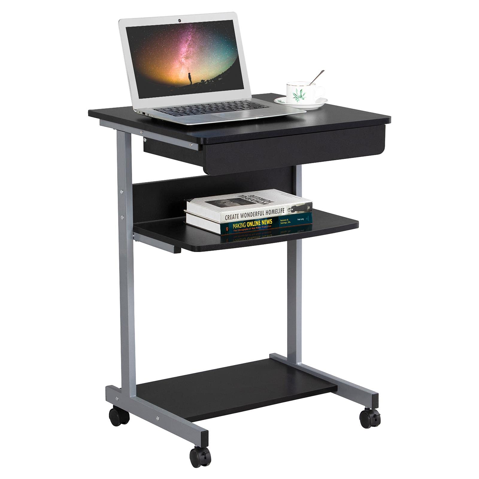 Topeakmart Mobile Compact Computer Desk Cart for Small Spaces, Work Workstation, Writing Desk Table with Drawers and Printer She
