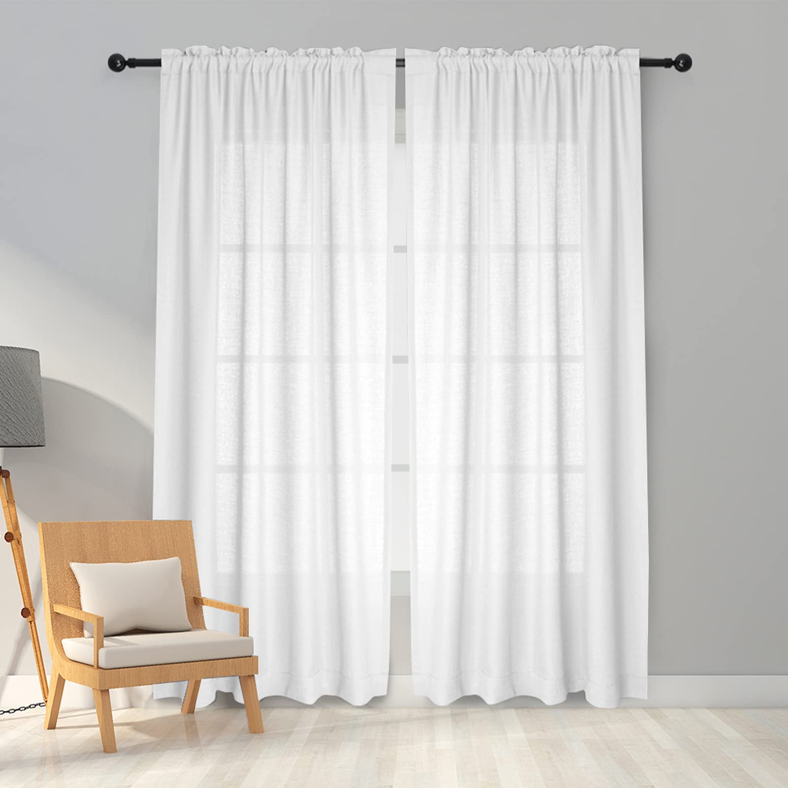 Melodieux White Semi Sheer Curtains 63 Inches Long for Living Room, Linen Look Bedroom Rod Pocket Voile Drapes, 52 by 63 Inch (2
