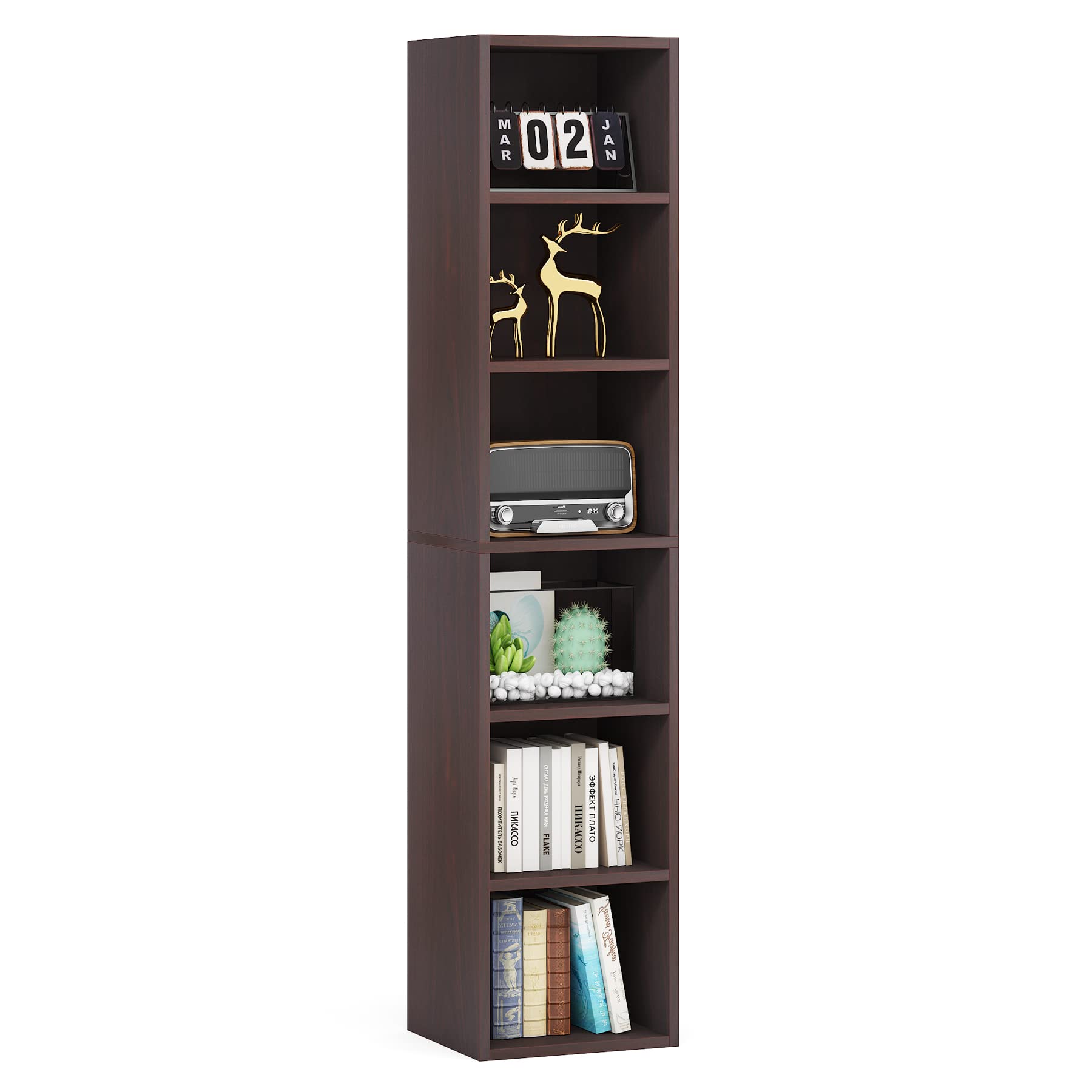 LITTLE TREE 70.9 Inch Tall Narrow Bookcase, Corner Bookshelf 6 Tier Cube Display Shelf Storage Organizer for Small Space, Brown