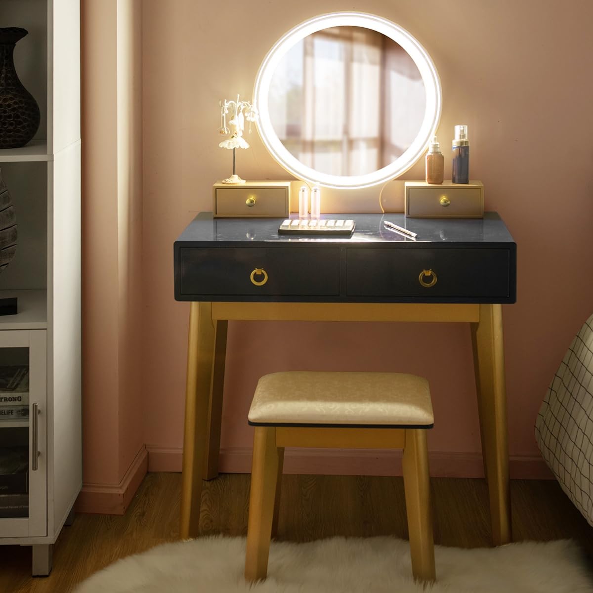CHARMAID Vanity Desk with Lighted Mirror, Black Makeup Vanity Table with 4 Storage Drawers, 3 Lighting Modes, Solid Wood Legs, M