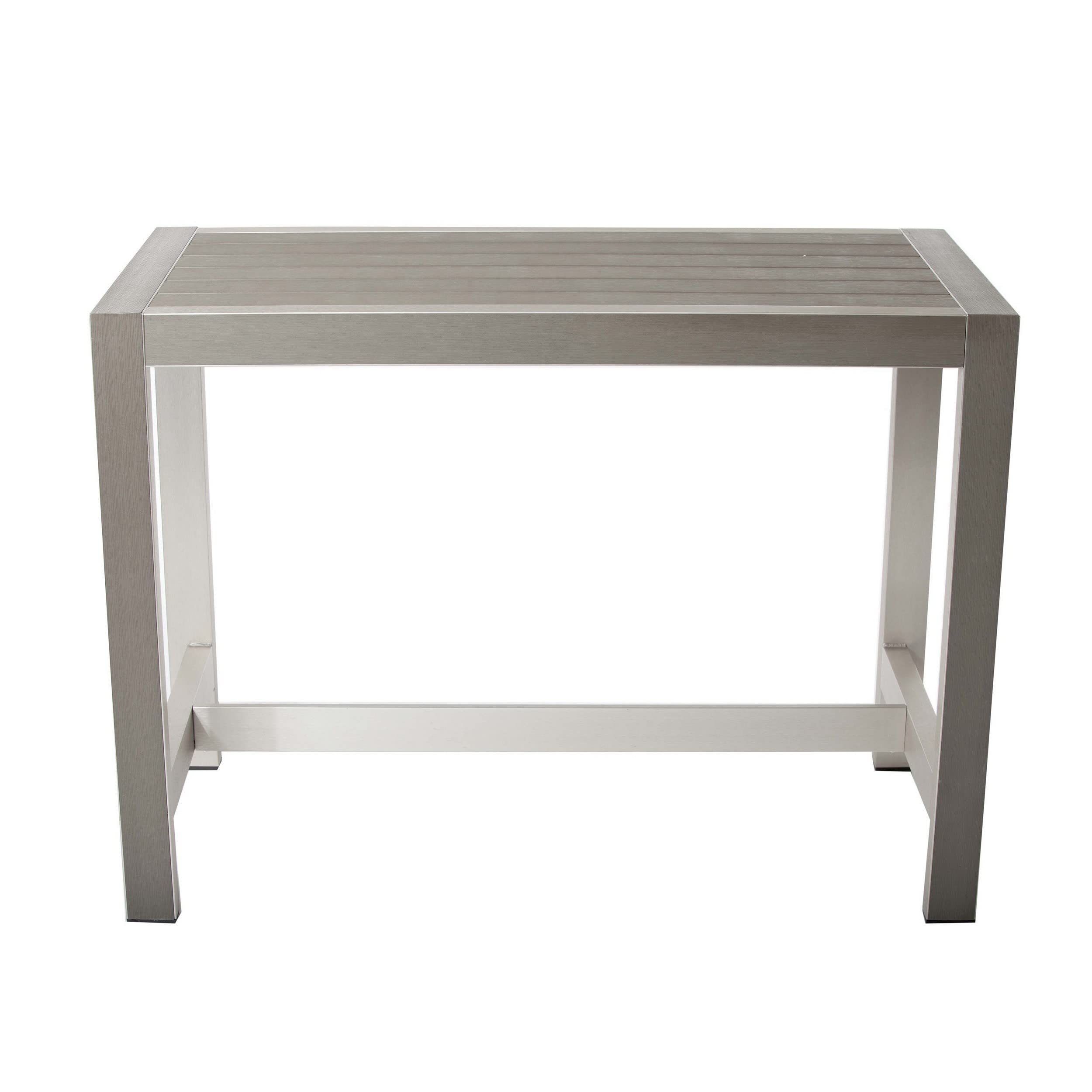 Benjara BM287805 Patio Kylo 59 Inch Outdoor Bar Table, Aluminum Frame, Plank Surface, Large, Gray and Brown