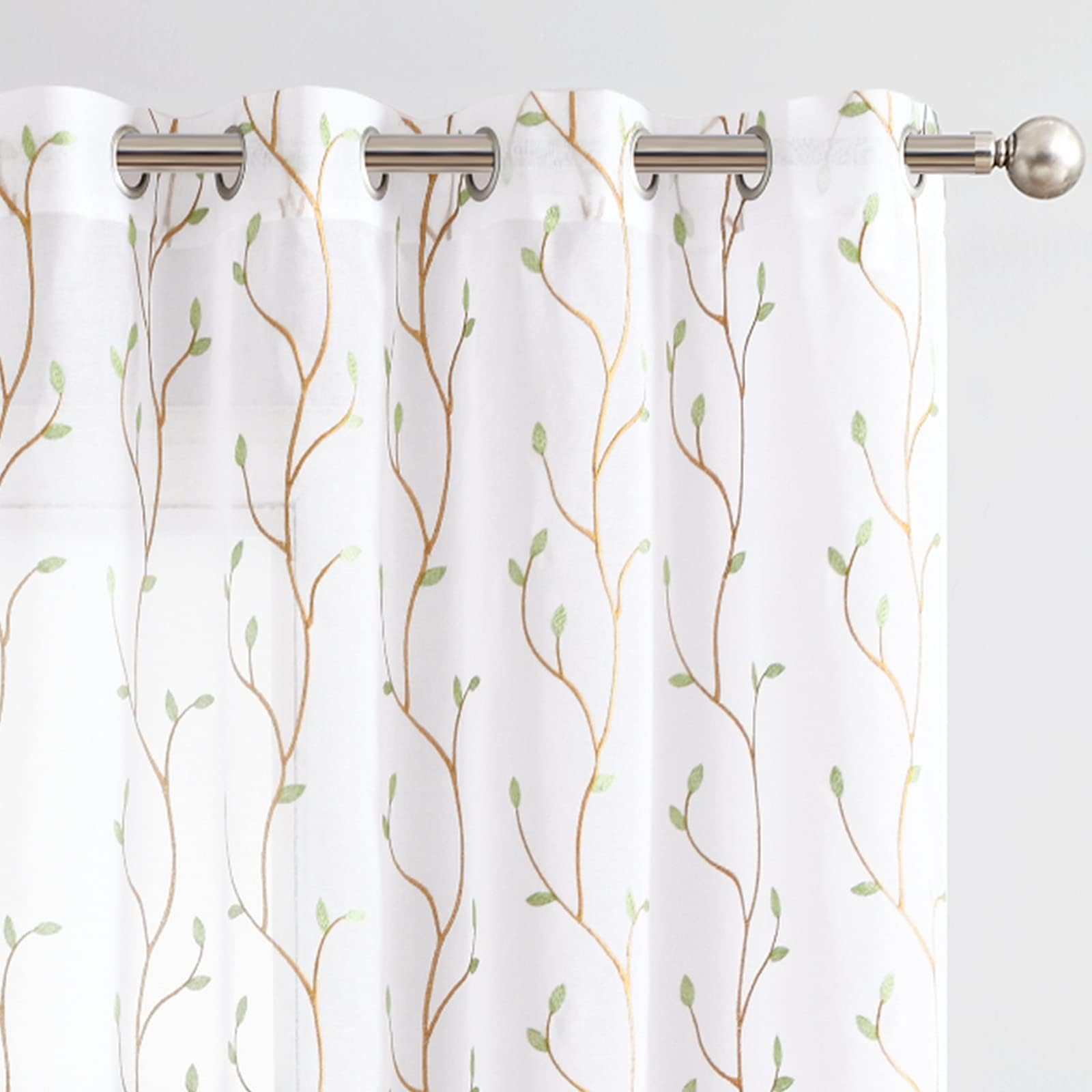 jinchan Sheer Curtains 84 inch Long 2 Panels Green on White Sheer Floral Embroidered Curtains for Living Room Light Filtering Em