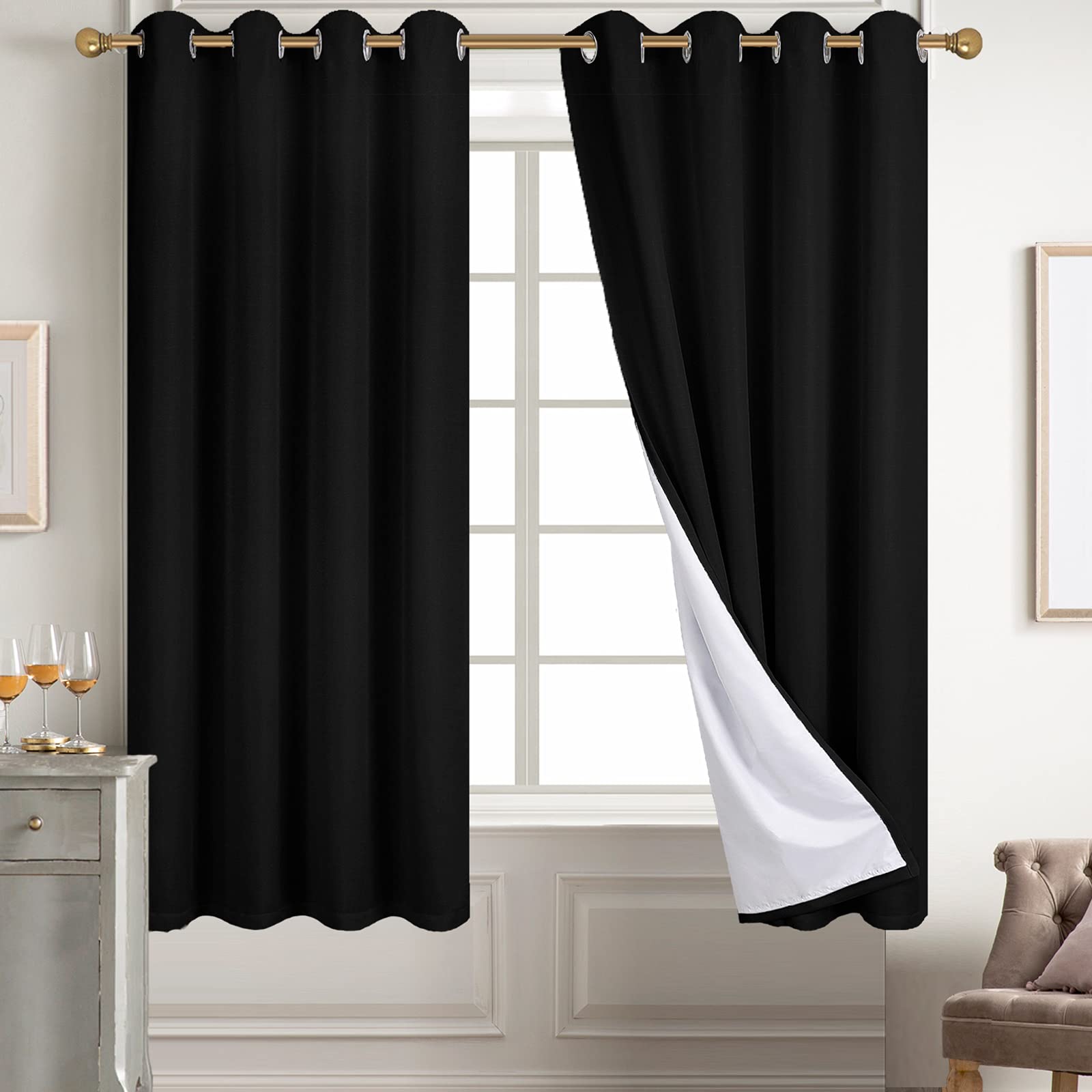 Diraysid 100% Blackout Curtains Black Linen Curtains for Bedroom Grommet Thermal Insulated Room Darkening Drapes (2 Panels, W52 