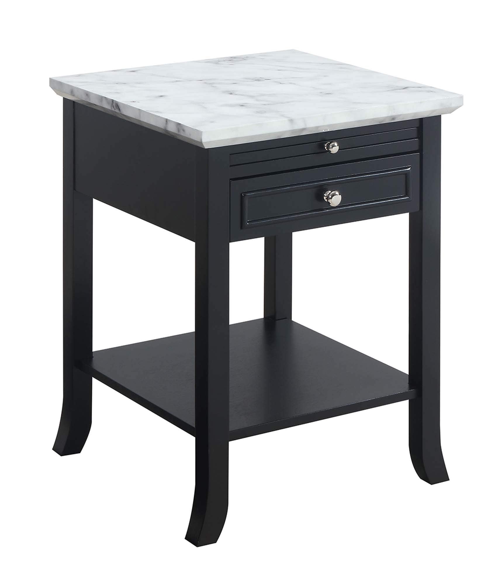 Convenience Concepts American Heritage Logan End Table with Drawer and Slide, White Faux Marble Top/Black