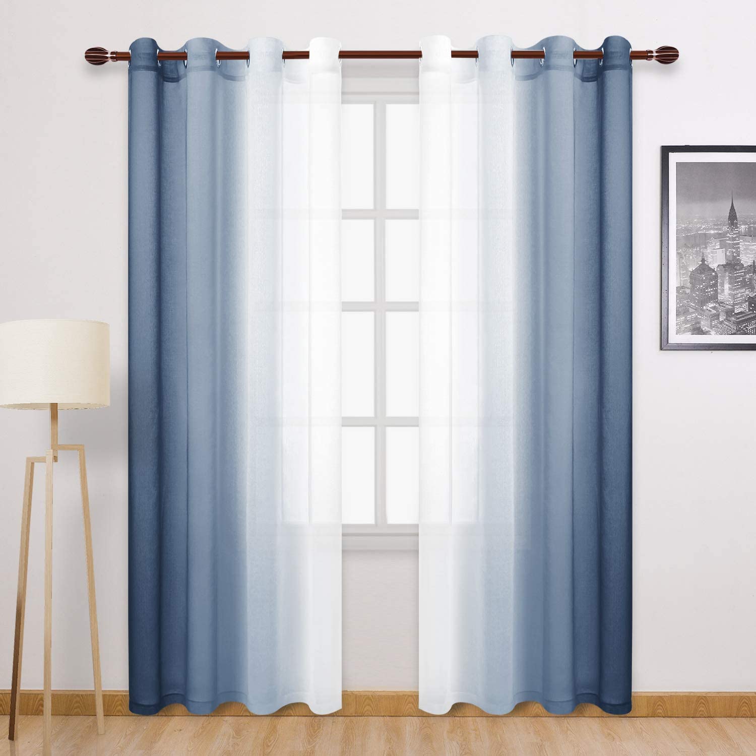 DWCN Blue Faux Linen Ombre Sheer Curtains - Gradient Semi Voile Curtains for Bedroom and Living Room, Set of 2 Grommet Top Windo