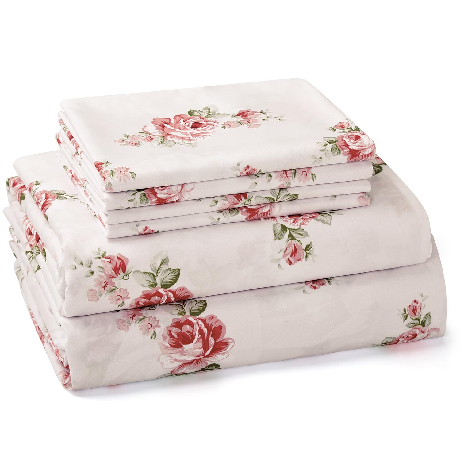 BYSURE King Sheet Set 6 Pieces (Pink Rose Floral), Cottage Core Botanical Patterned Sheets, Victorian Flower Microfiber Bedding 