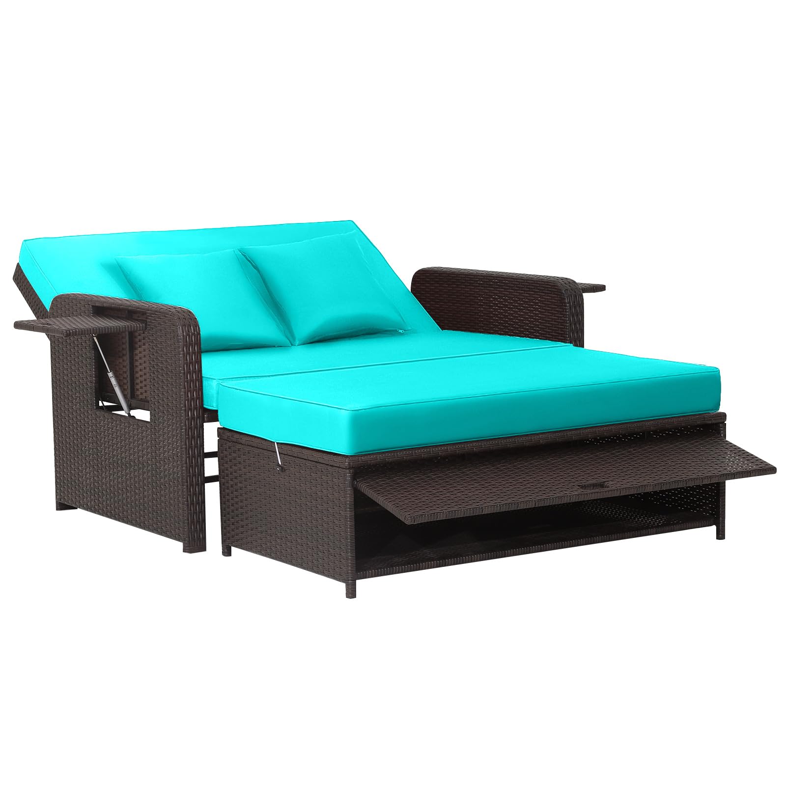 Tangkula Patio Rattan Daybed Set, Wicker Loveseat Sofa w/Multipurpose Ottoman & Retractable Side Tray, 4-Level Adjustable Backre