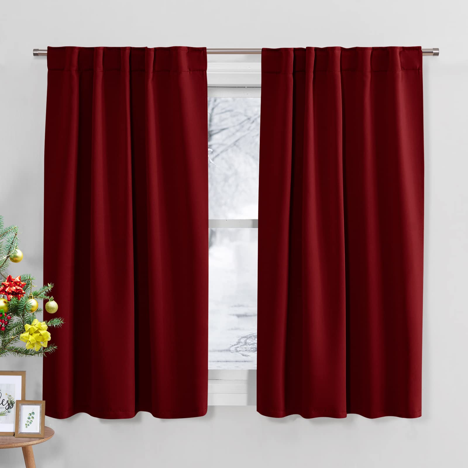 PONY DANCE Blackout Curtain Panels - Red Drapes Christmas Home Decoration Modern Elegant Back Tab Rod Pocket Curtains Room Darke