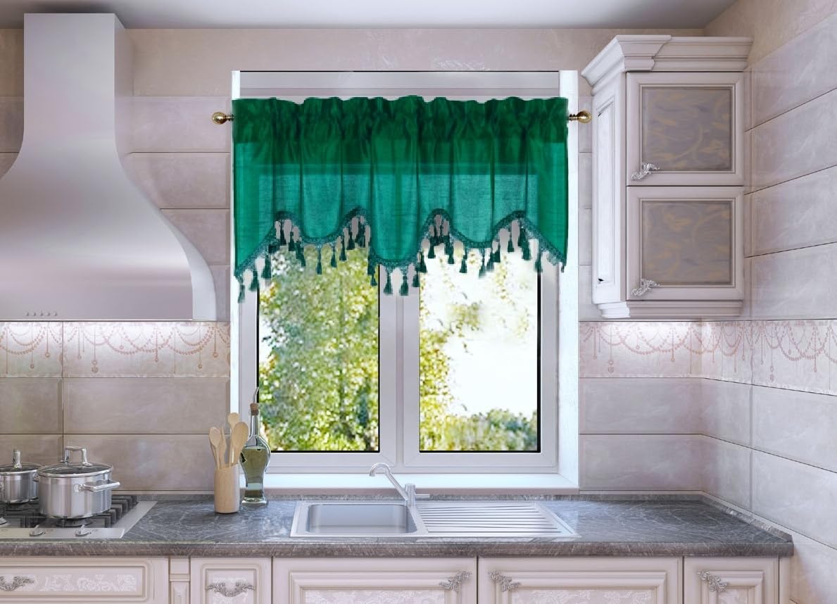 Solid Faux Silk Swag Waterfall Cascade Ascot Window Curtain Valance w/Tassels Trim 55  x18  Wave (1, Hunter Green)