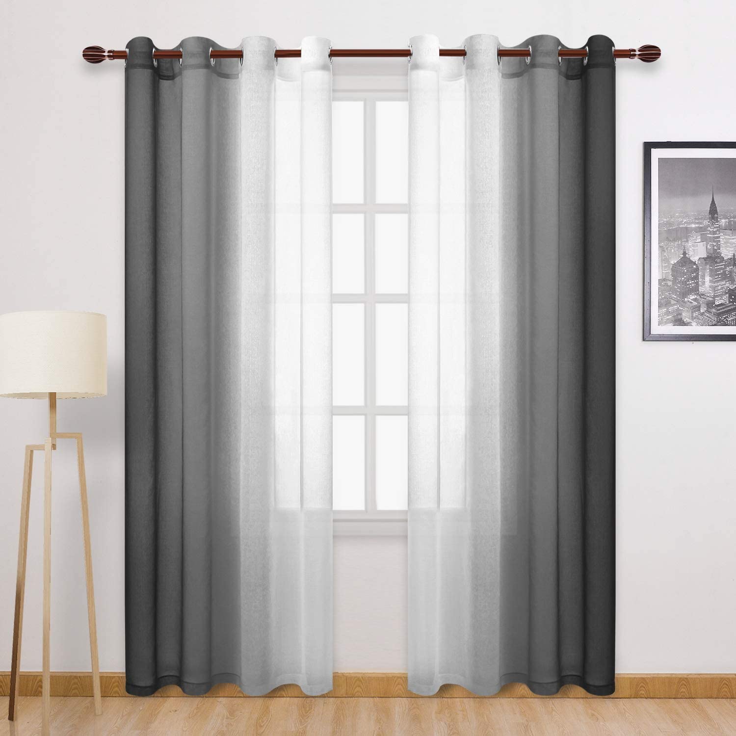 DWCN Ombre Faux Linen Sheer Curtains - Semi Voile Gradient Grommet Top Curtains for Bedroom and Living Room, 52 x 108 Inches Lon