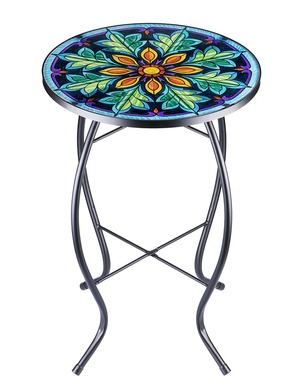 VCUTEKA Outdoor Side Table Mosaic End Table Patio Side Table Small End Table Glass Top Round Balcony Coffee Table Porch Indoor G