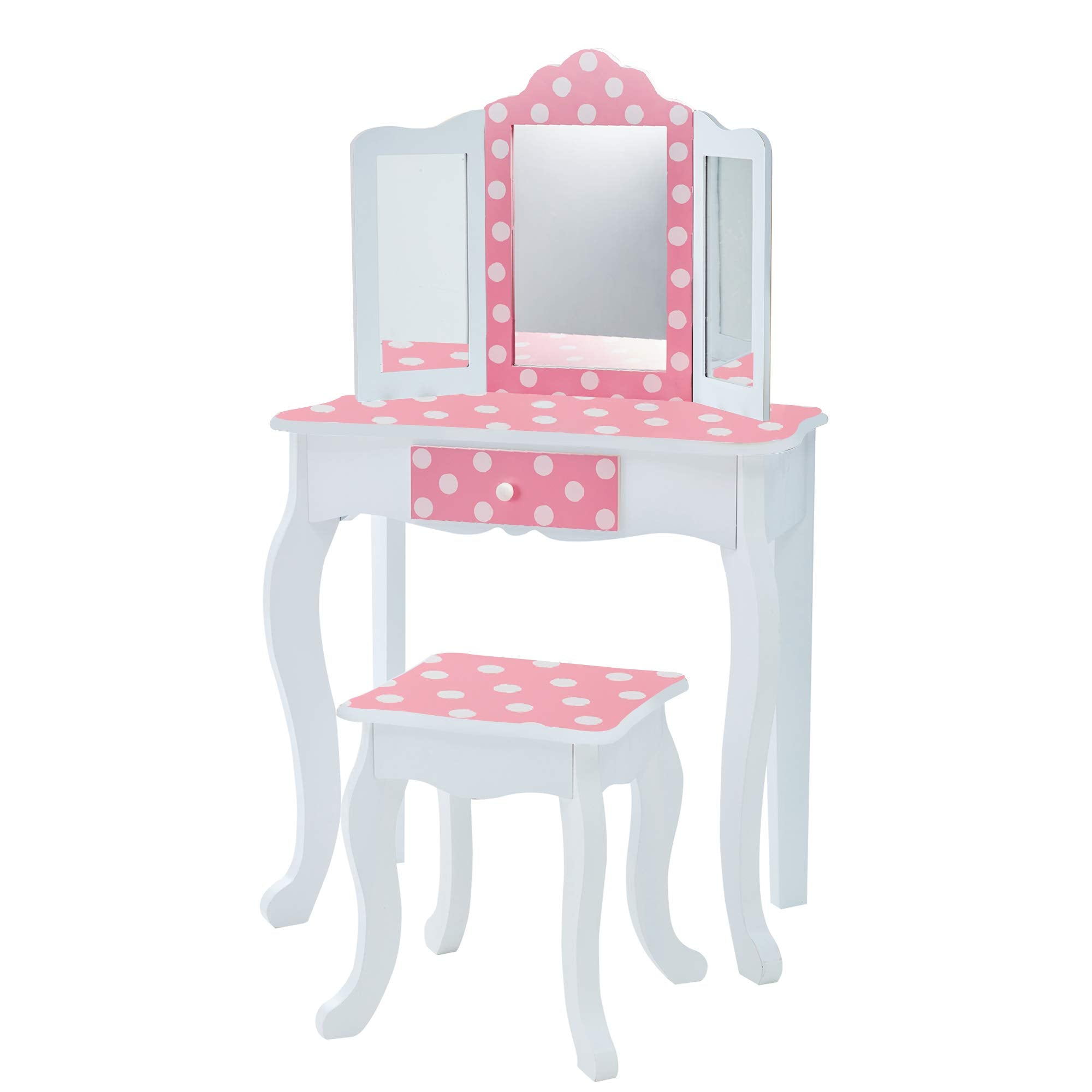 Teamson Kids Princess Gisele Polka Dot Print 2-Piece Kids Wooden Play Vanity Set with Vanity Table, Tri-Fold Mirror, Storage Dra