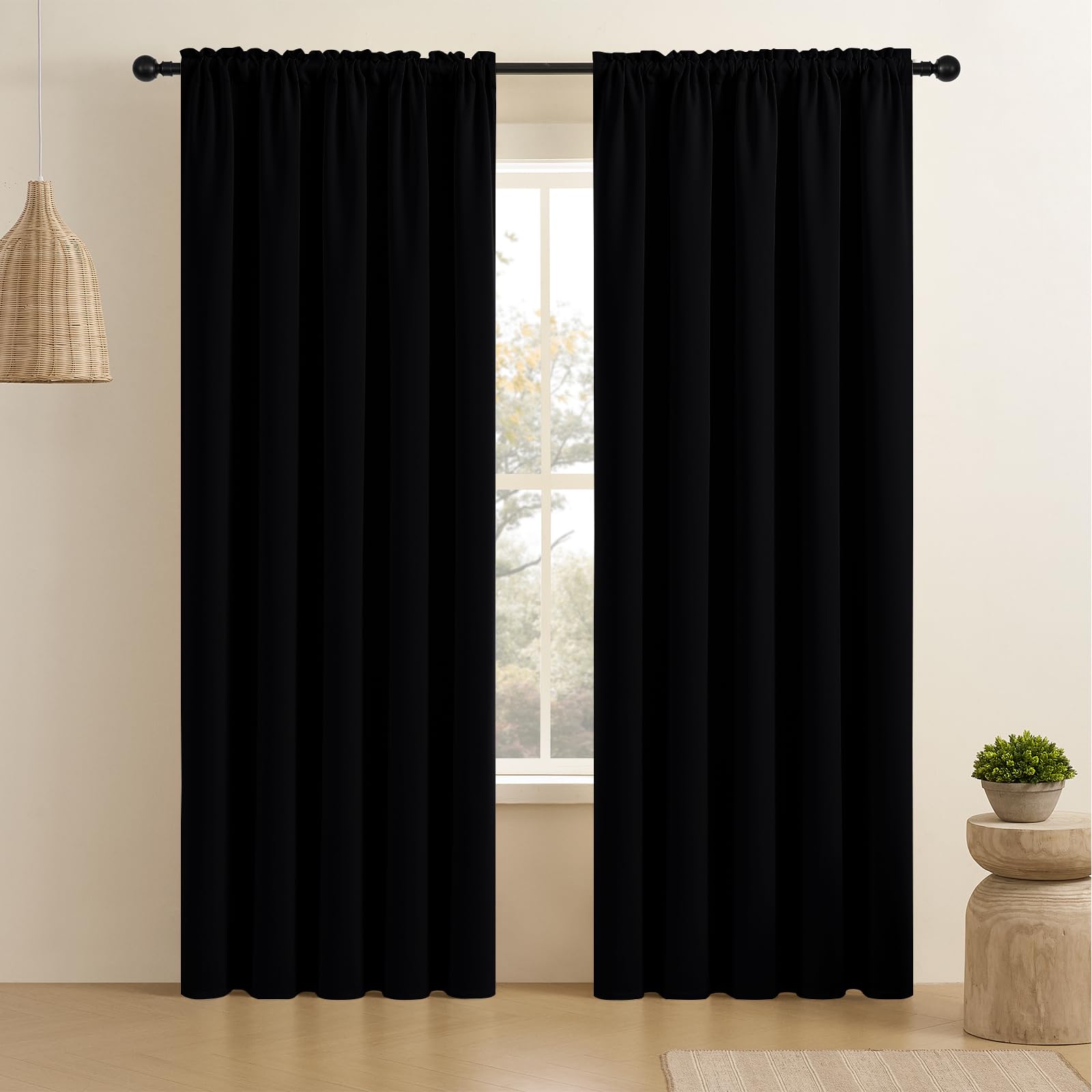 CUCRAF Black Blackout Curtains 96 inch Length 2 Panels Set, Rod Pocket Room Darkening Drapes for Bedroom Living Room, Insulated 