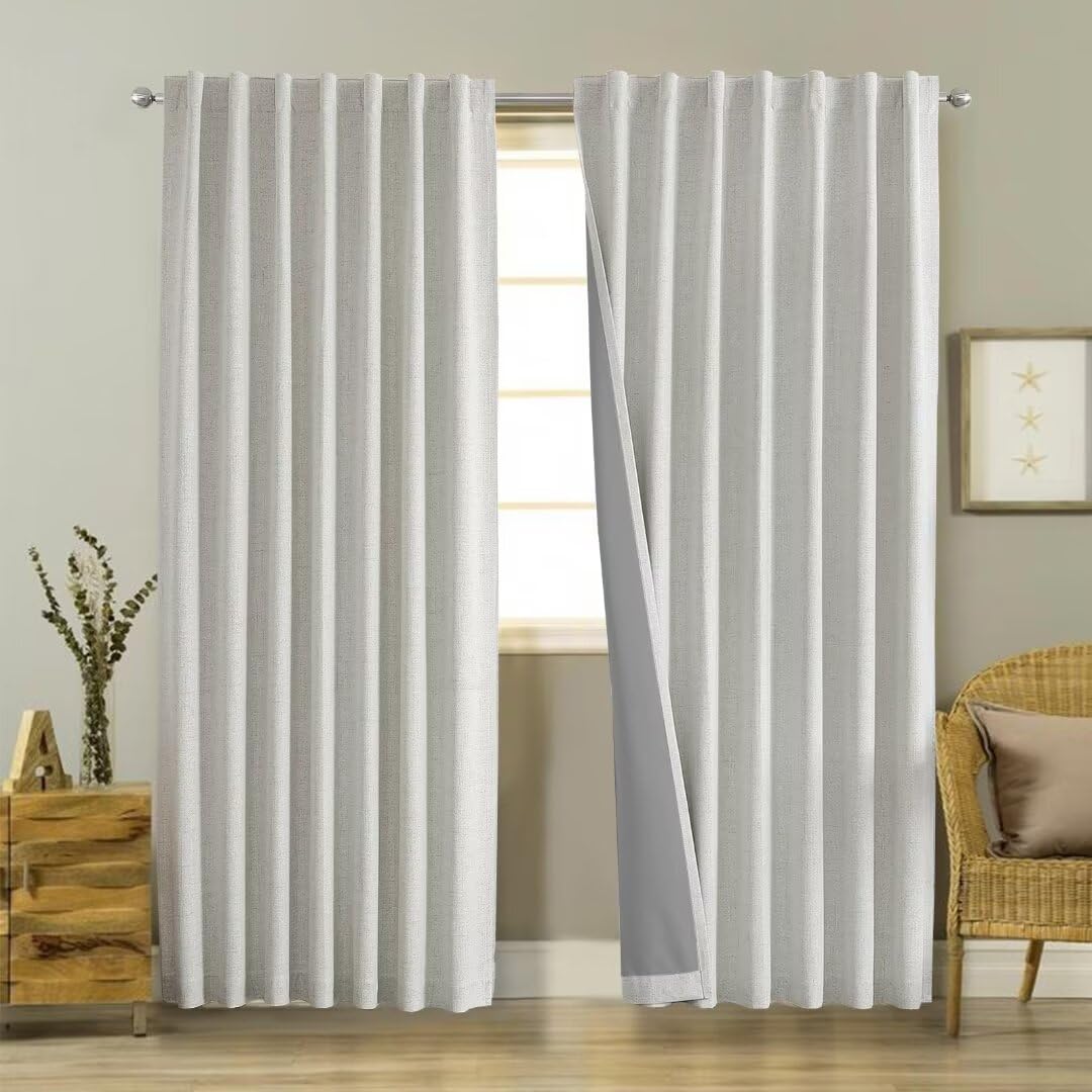 Joydeco 100% Black Out Curtains 96 inch Long 2 Panels Burg Natural Blackout Linen Drapes for Bedroom Living Room Darkening Curta