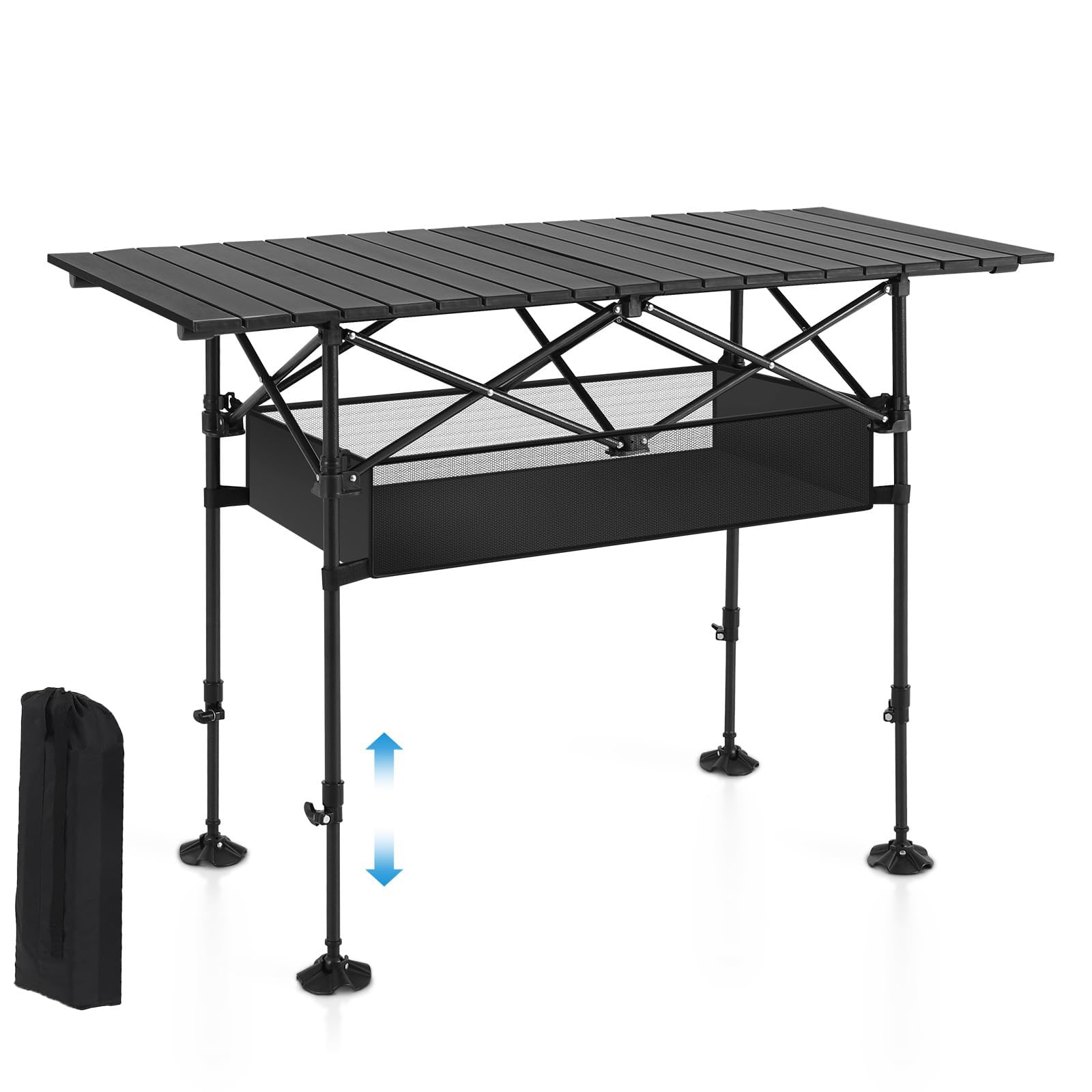 ALPHA CAMP Folding Camping Table, Portable Roll-up Table with Adjustable Height, Large Storage Bag and Carrying Bag, Tall Alumin