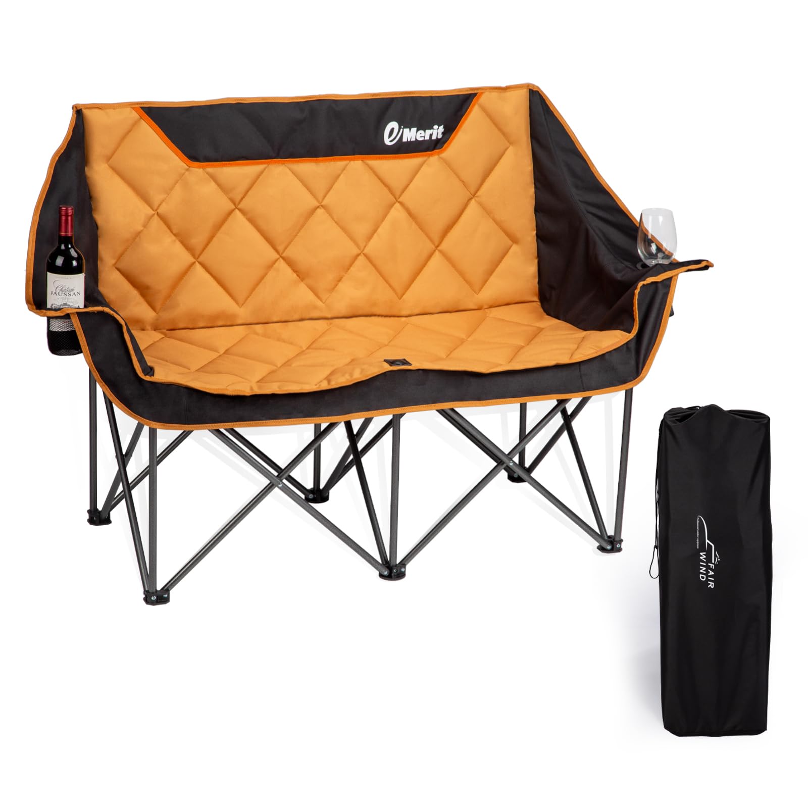 EMERIT Oversized Double Duo Camping Chair Folding Camping Loveseat 2 Person Camping Couch Heavy Duty Lawn Chairs for Outside wit