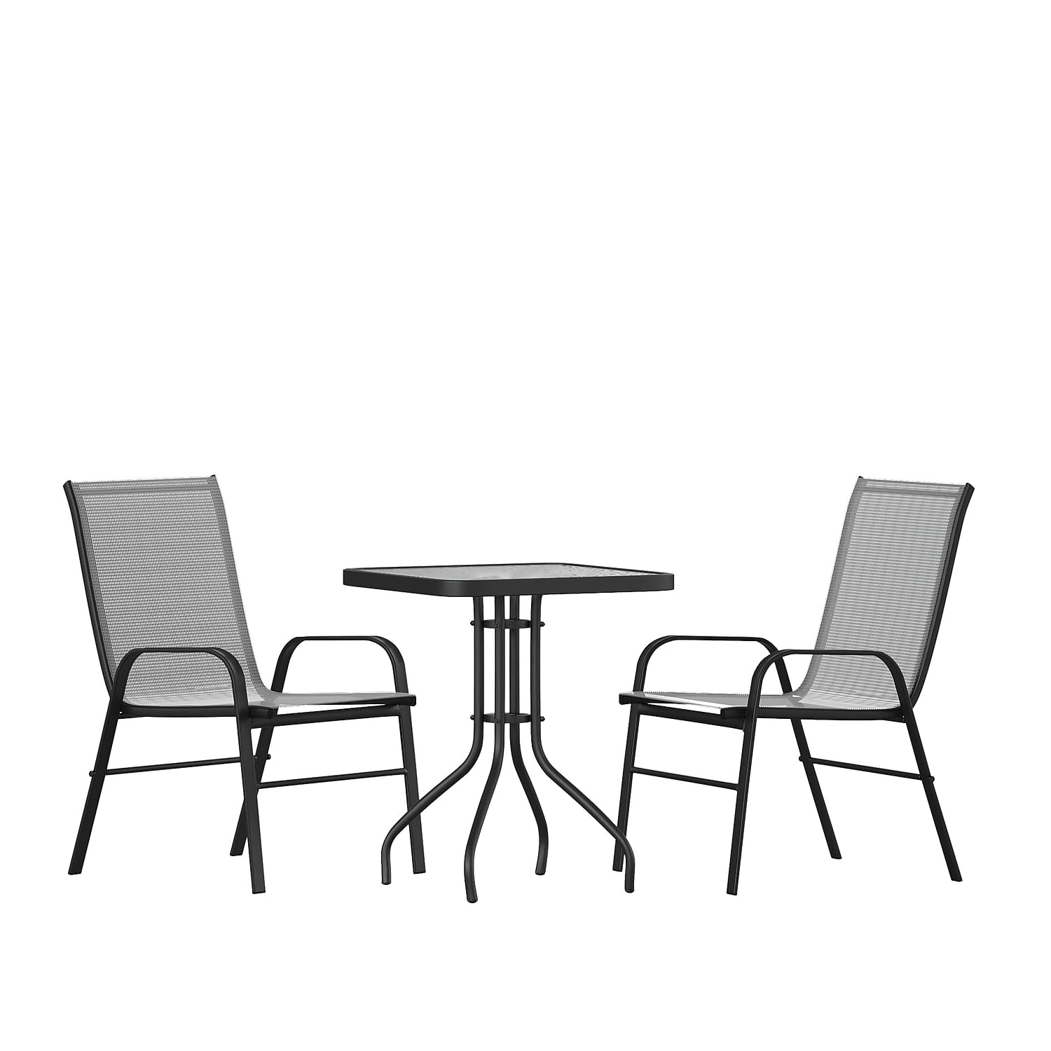 Flash Furniture 2 Flex Comfort Stack Chairs, 23.5 Square Tempered Glass Patio Table, Gray