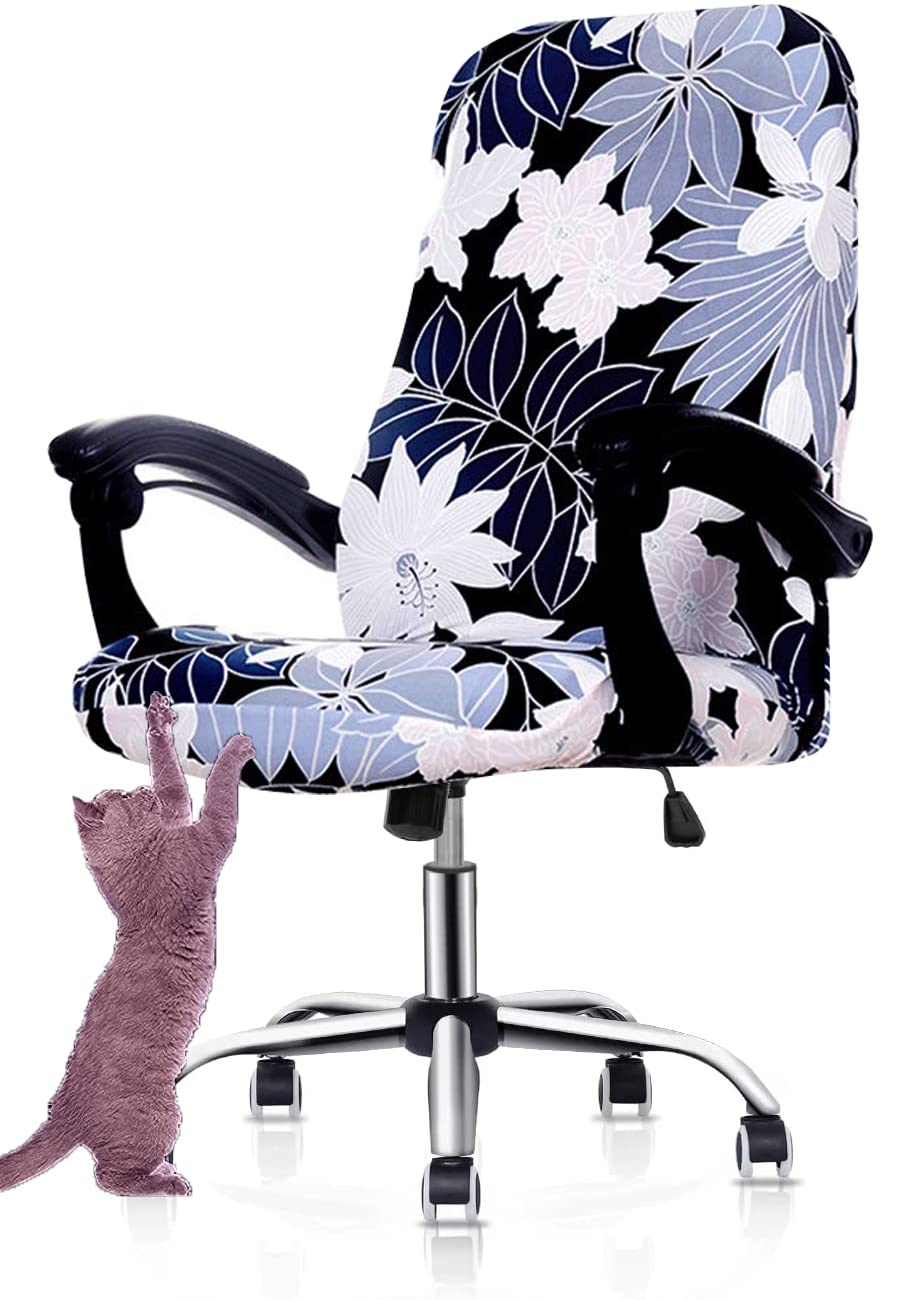 Deisy Dee Computer Office Chair Covers for Stretch Universal Rotating Chair Desk Chairs ONLY Chair Covers (White Flower, Medium)