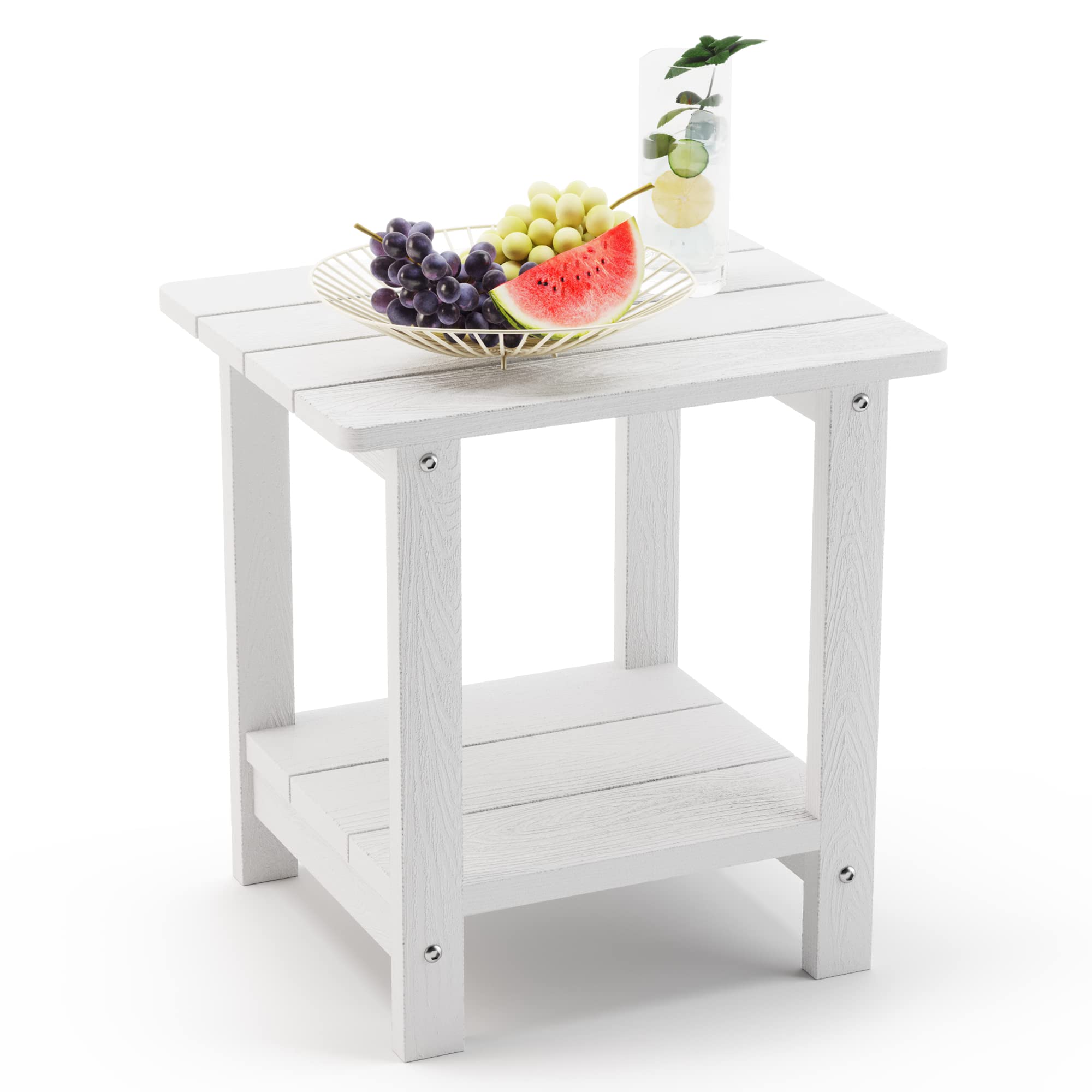 LUE BONA Adirondack Outdoor Side Table, 2-Tier White HDPS Patio End Table Weather Resistant, Morden Side Table for Patio, Pool, 