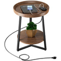 Gadroad Round End Table with Charging Station, USB Ports, Wood Tabletop & Black Metal Frame, 2-Tier Side Table for Living Room, 