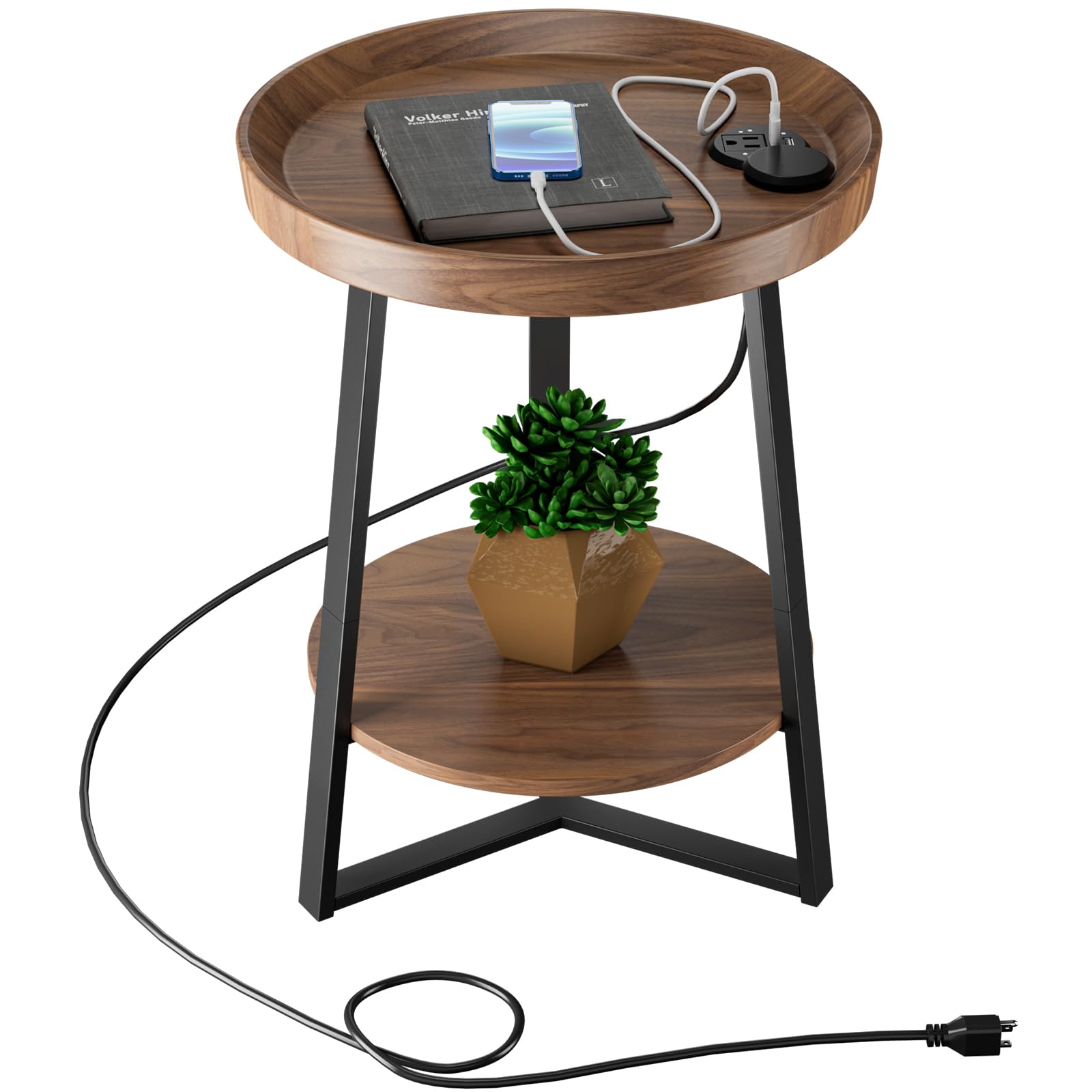 Gadroad Round End Table with Charging Station, USB Ports, Wood Tabletop & Black Metal Frame, 2-Tier Side Table for Living Room, 
