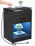 Auromie Nightstand with Charging Station and LED Lights, Concealment Furniture with RFID Lock Cabinet and Power Outlets, Bedside
