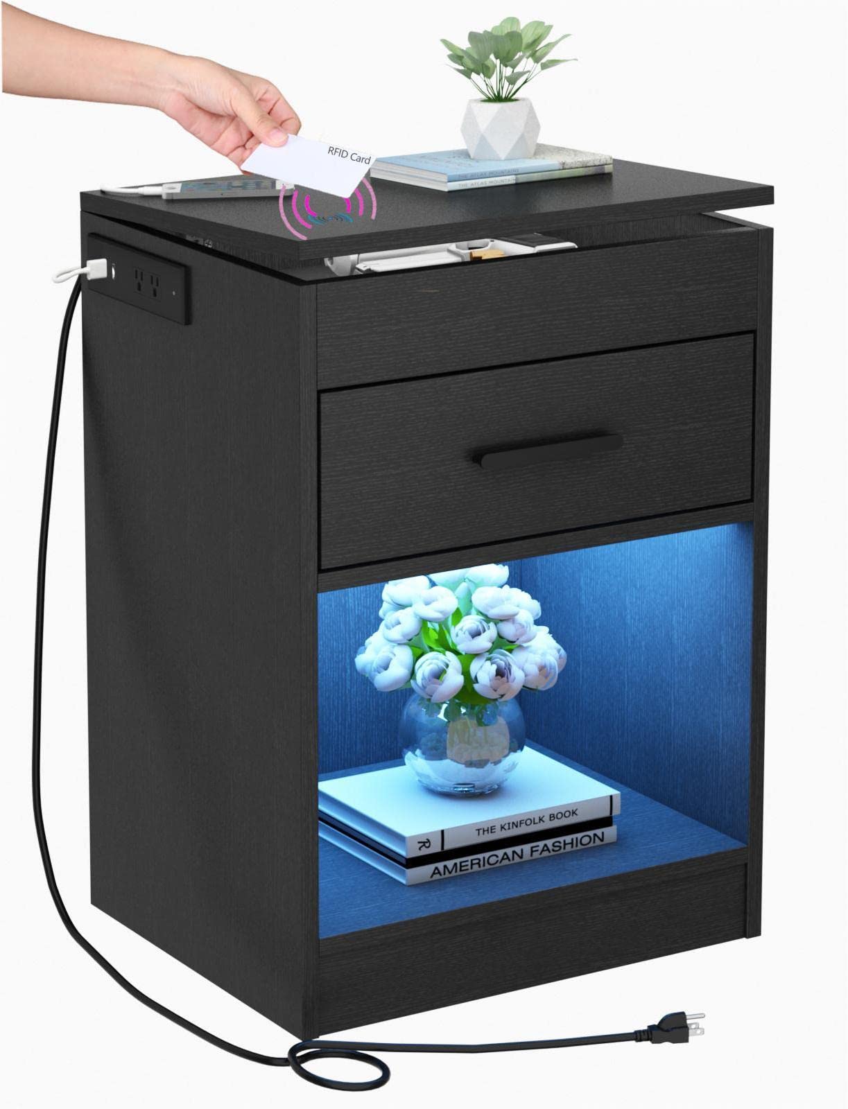 Auromie Nightstand with Charging Station and LED Lights, Concealment Furniture with RFID Lock Cabinet and Power Outlets, Bedside