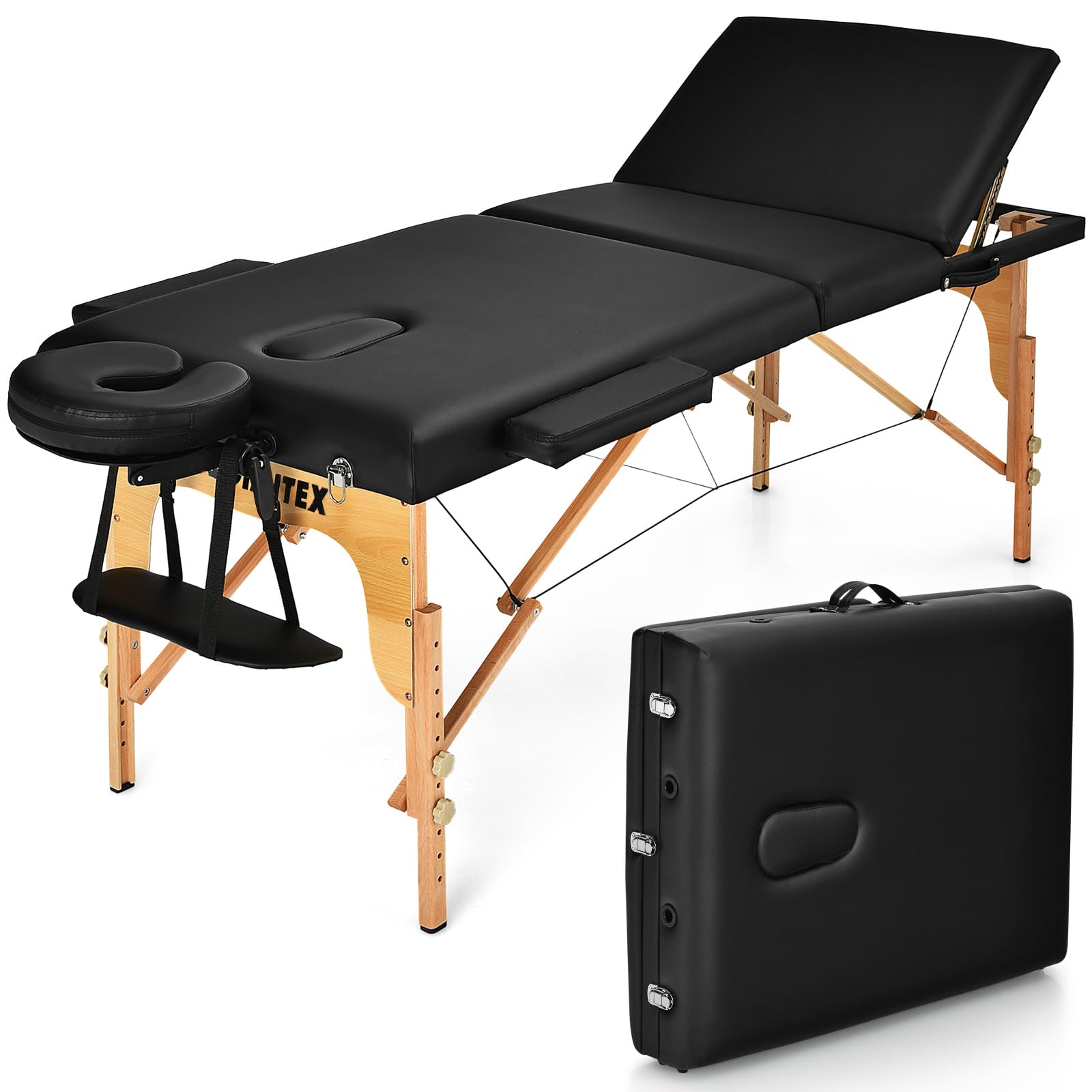 Giantex 84inch Folding Massage Table Lash Bed, Portable 3 Sections Spa Salon Tattoo Bed with Face Cradle Armrests Wooden Legs, P