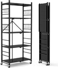 Storage Shelves with 20 Hooks, 5-Tier Foldable Shelves for Storage, Folding Shelf Unit Pantry Shelves with Wheels, Standing Shel