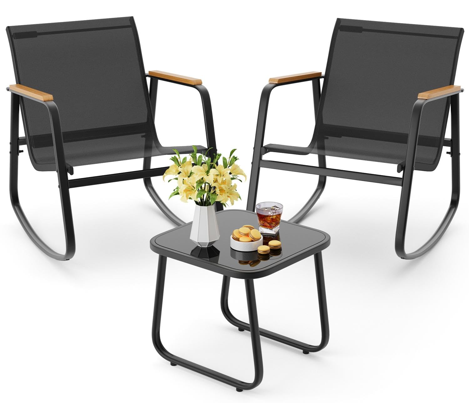Aiho 3 Piece Rocking Bistro Set, Textilene Fabric Patio Furniture Set, Front Porch Rocker Chairs with Coffee Table for Lawn, Gar