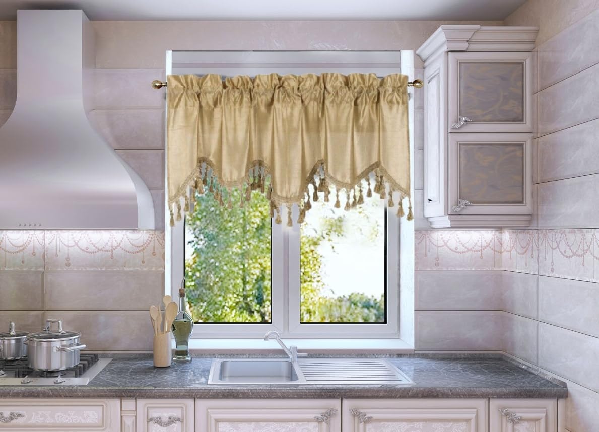 Solid Faux Silk Swag Waterfall Cascade Ascot Window Curtain Valance w/Tassels Trim 55  x18  Wave (1, Gold)